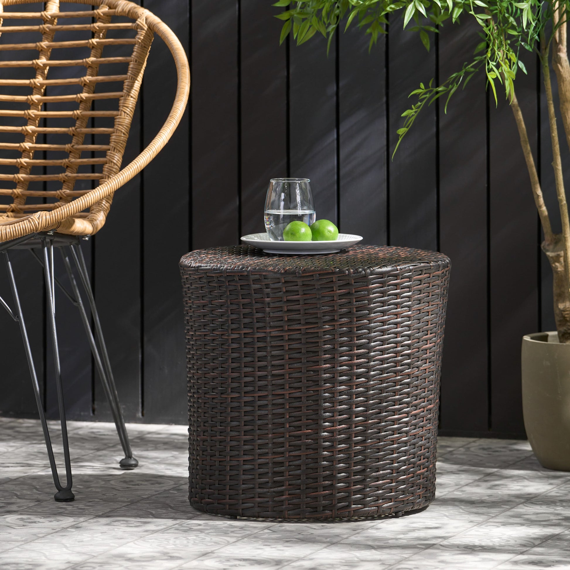 Outdoor Wicker Barrel Shape End Side Table for Patio Garden, Brown