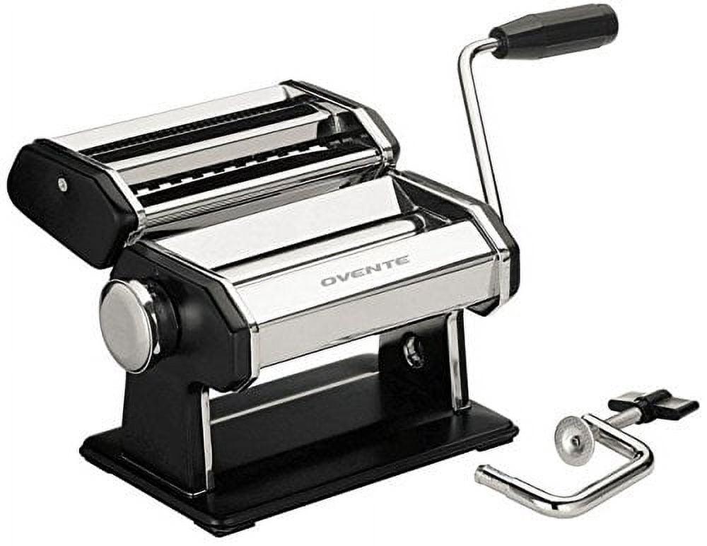 Ovente Stainless Steel Pasta Maker, Includes Hand Crank, Adjustable Countertop Clamp, and Double Pasta Cutter Attachment, 180mm, Vintage Style, 7-Position Dial, Matte Black (PA518B)