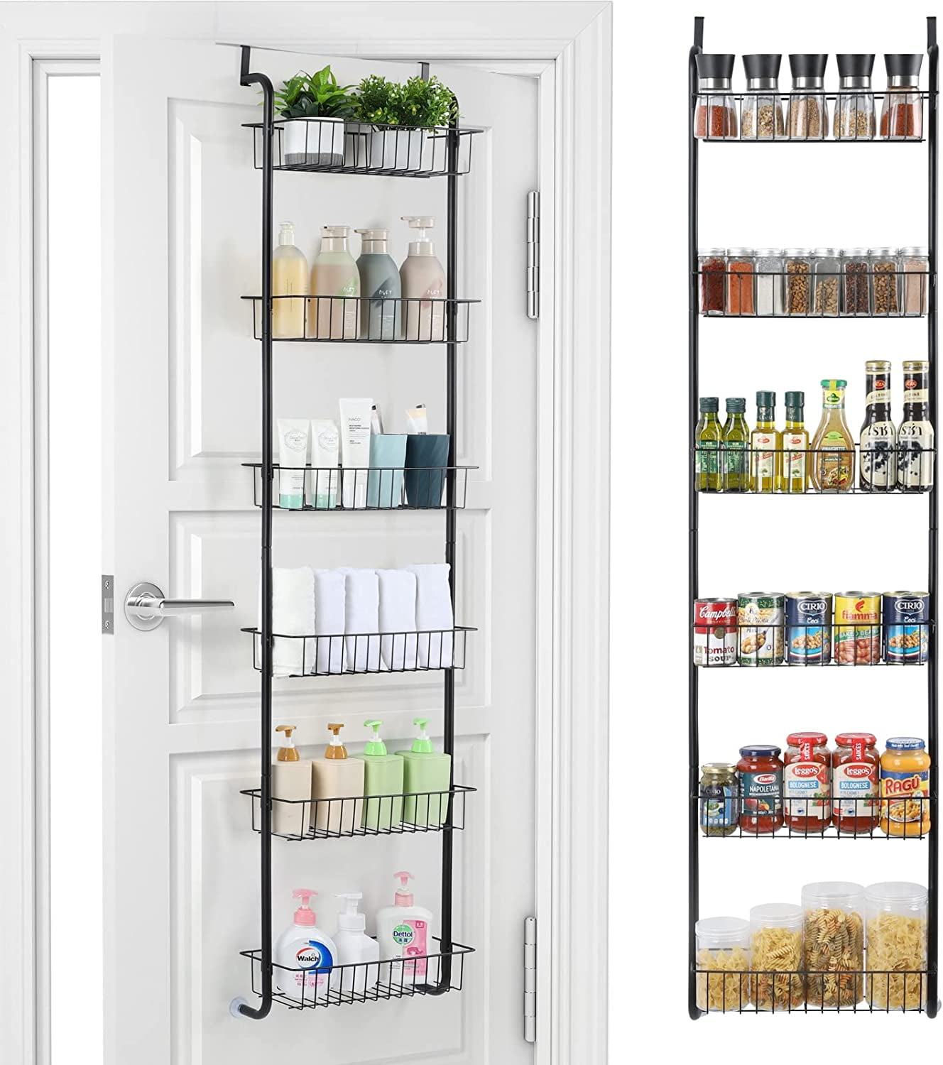 Oumilen Over The Door Hanging Pantry Organizer Rack, 6-Tier Metal Organizer Spice Rack with 6 Full Baskets