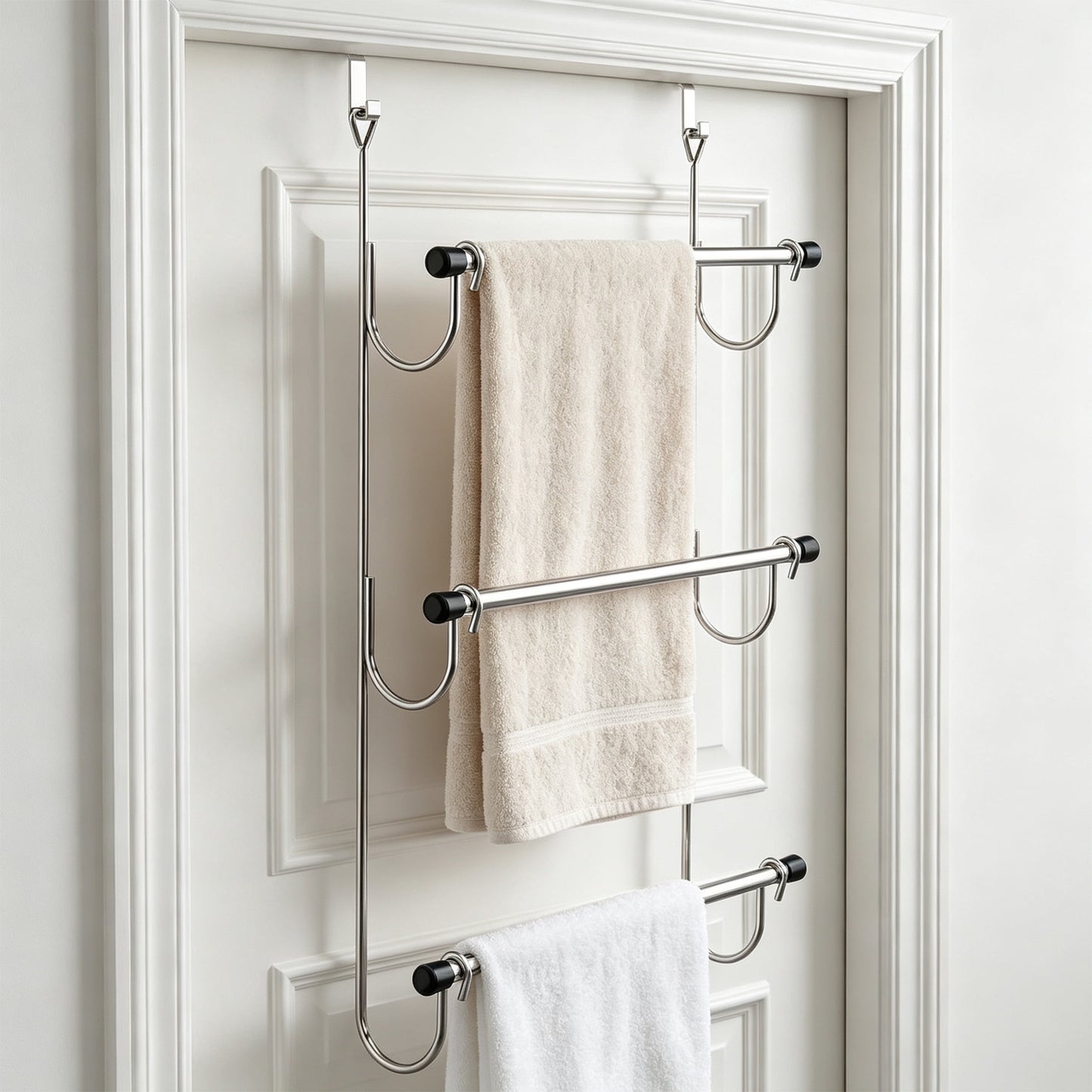 3 Tier Over The Door Towel Rack, No Drill Stainless Steel Towel Holder, Space Saving Door Hanging Towel Rack for Bathroom Storage
