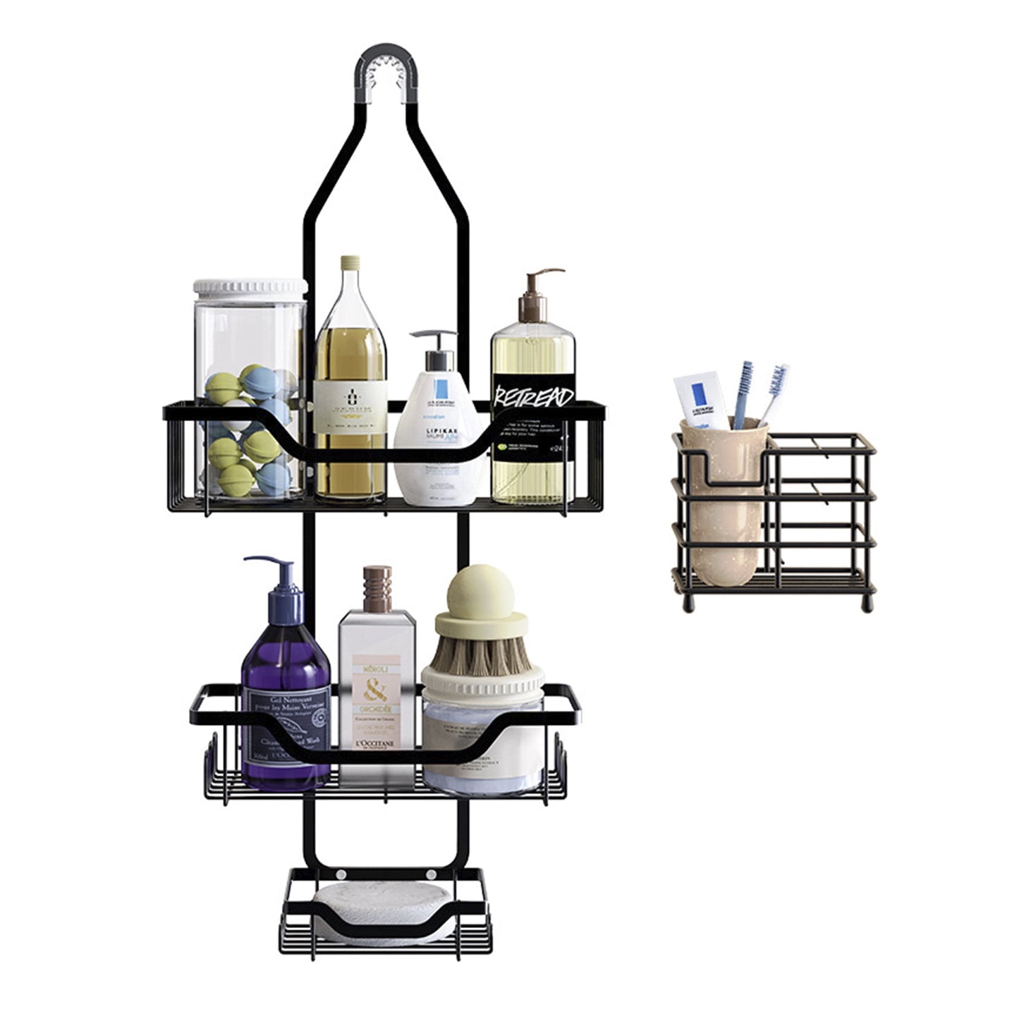 Hanging Shower Caddy Over Showerhead with Soap Holder and Hooks, 3-Shelf Bathroom Shower Organizer Storage Rack