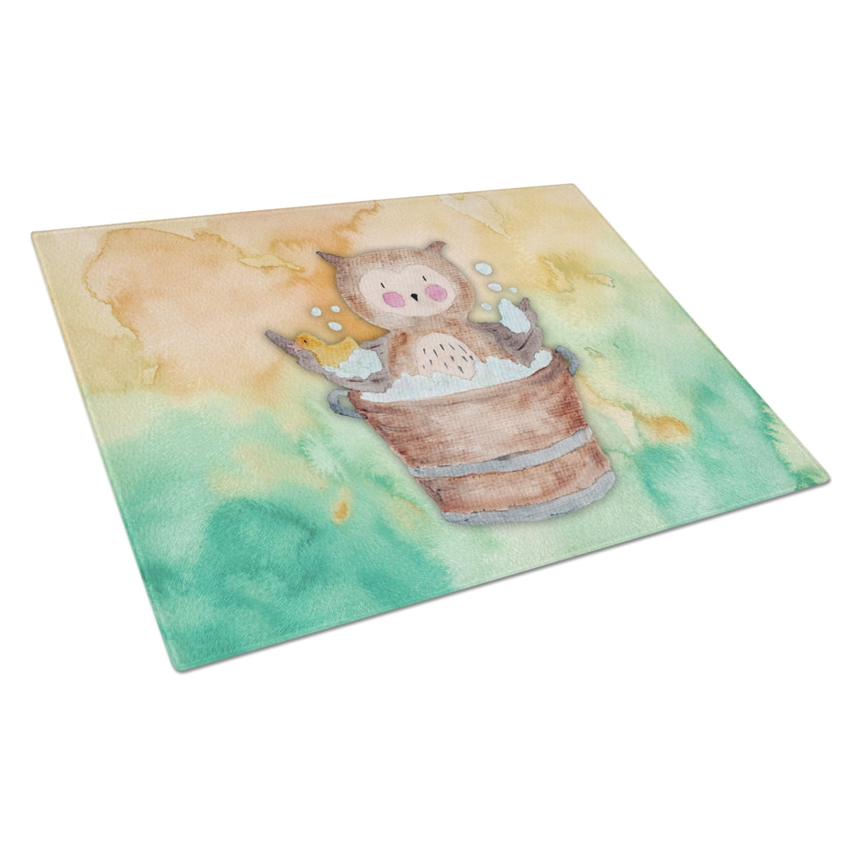 Owl Bathing Watercolor Glass Cutting Board Large