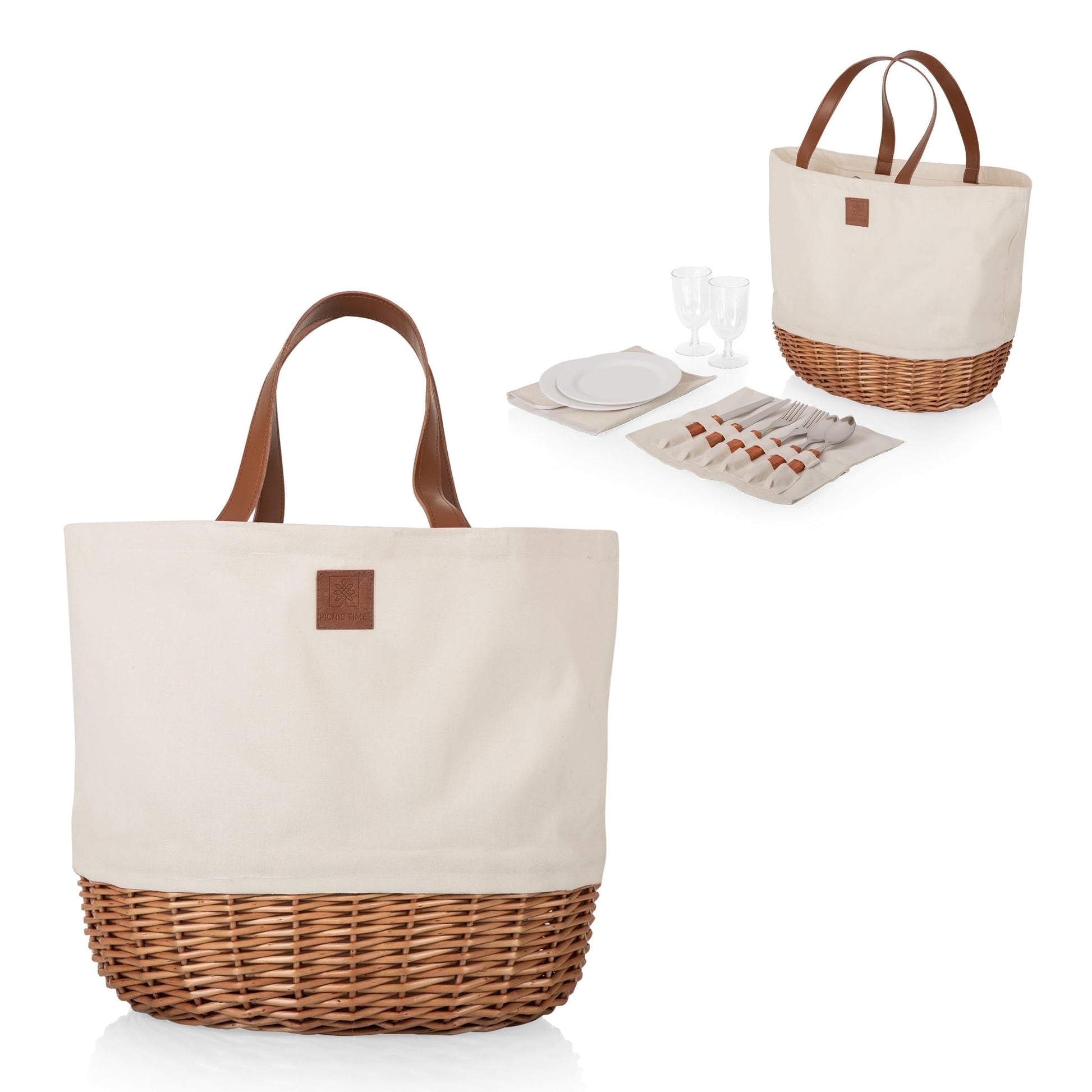 Picnic Time Promenade Picnic Canasta para 2, Elegante Bolso Tote de Lona con Base de Mimbre Tejida a Mano y Asas de Cuero SintÃ©tico, Lona Beige