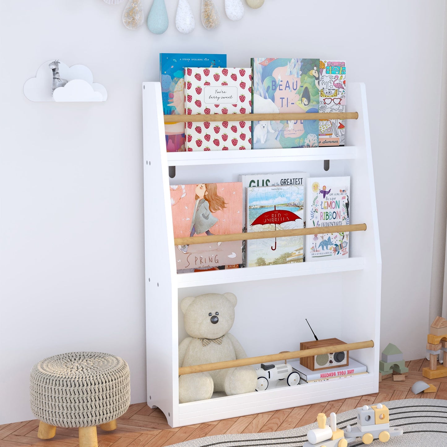 PORKISS 3 Tier Bookshelf for Kids, Wooden Kids Book Rack, Modern Kids Bookcase for Bedroom, Playroom and Classroom, White