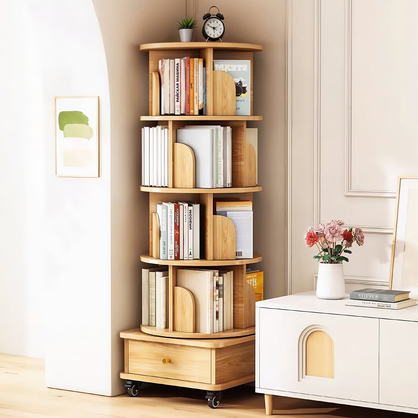 PORKISS 5 Tier Rotating Bookshelf, 360Â° Display Rotating Bookcase with Wheels and Drawer, Corner Storage Rack, Book Organizer Shelves for Home Office, Living Room, Wood