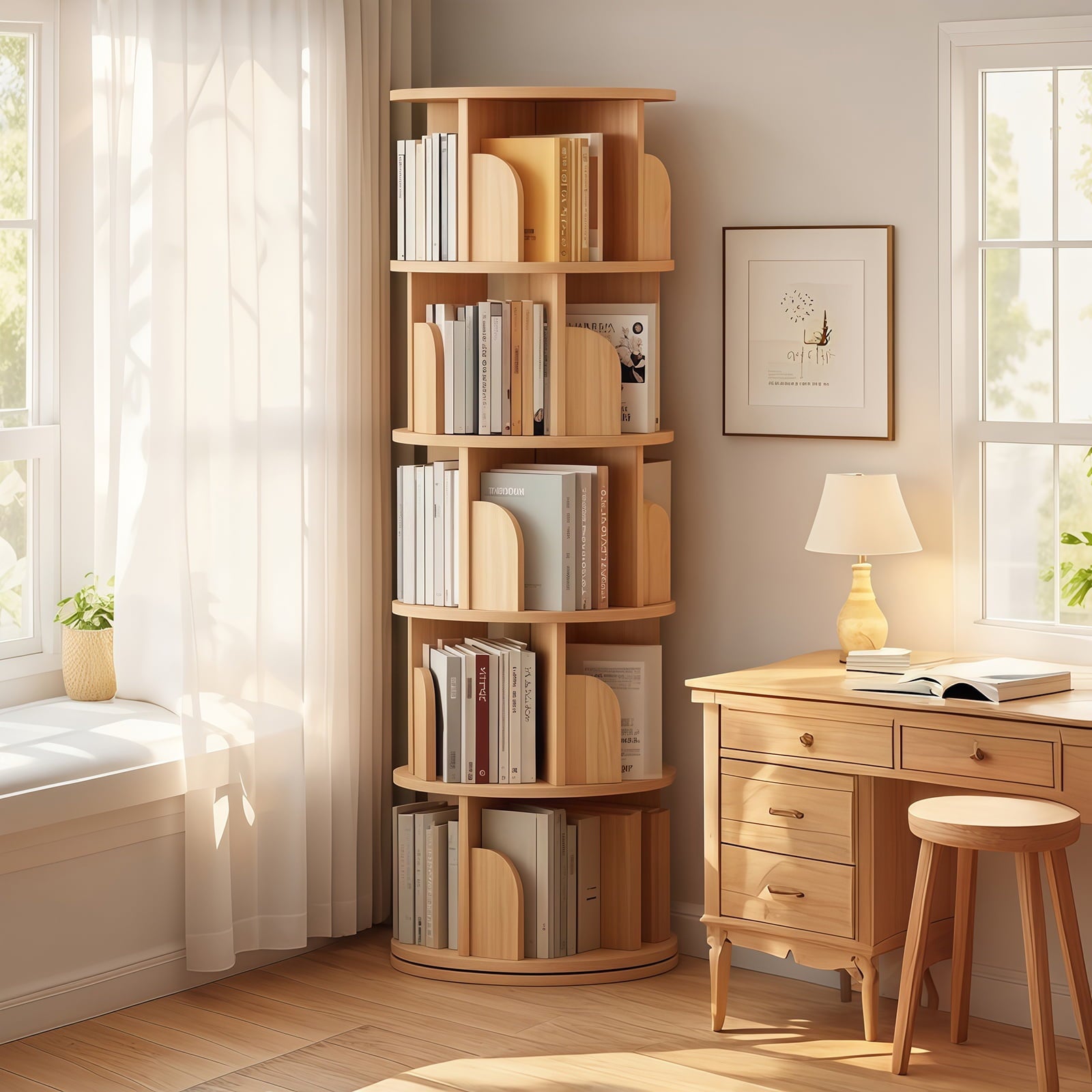 PORKISS 5-tier Rotating Bookshelf, 360Â° Display Rotating Bookcase, Small Space Corner Storage Rack, Book Organizer Shelves for Home Office, Living Room, Wood
