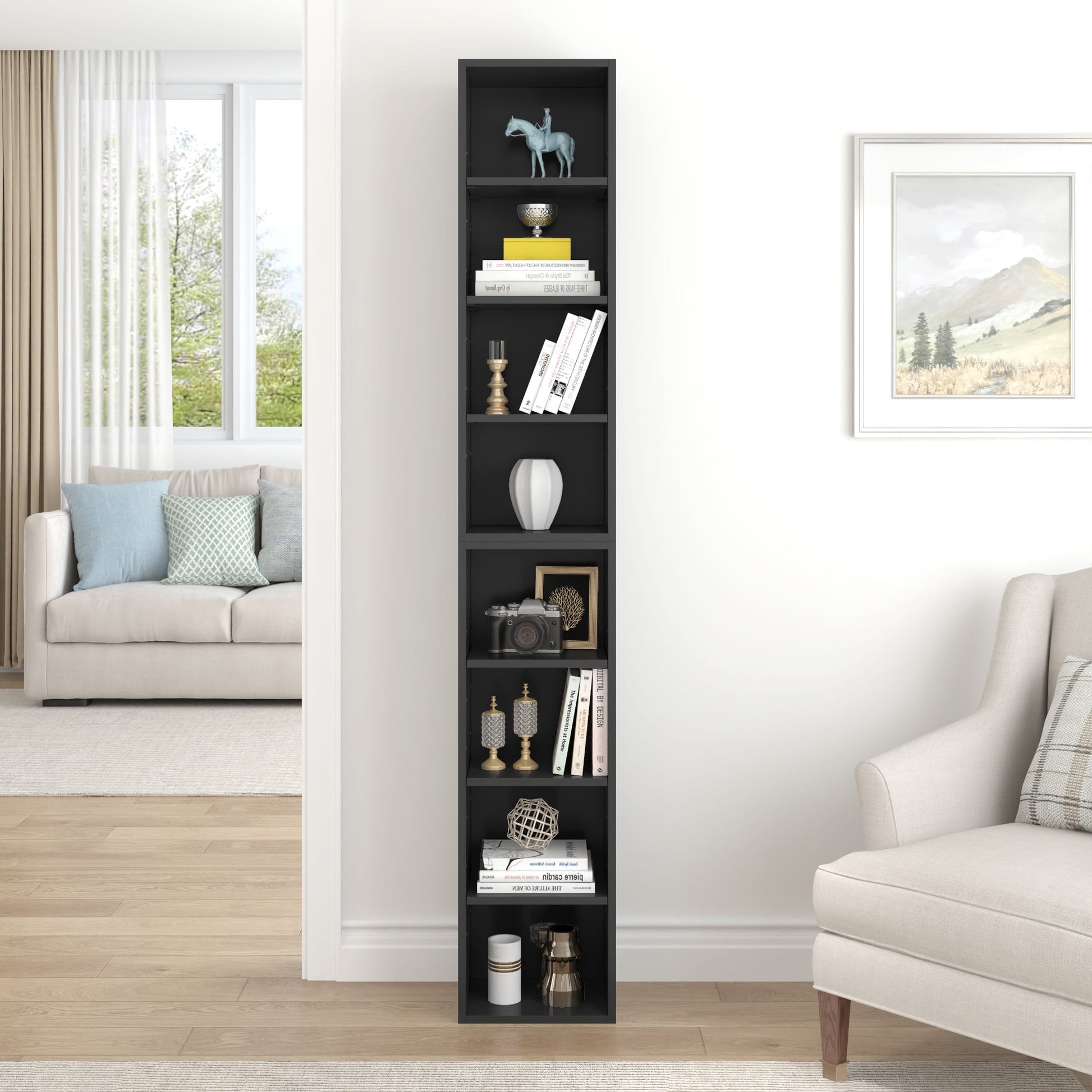 PORKISS 8-Tier Bookshelf, Wood Open Display Bookshelf with Adjustable Shelves, Tall Narrow Bookcase with Slim Storage, Modern Book Display Shelf Media Tower Rack for Living Room, Home Office, Black