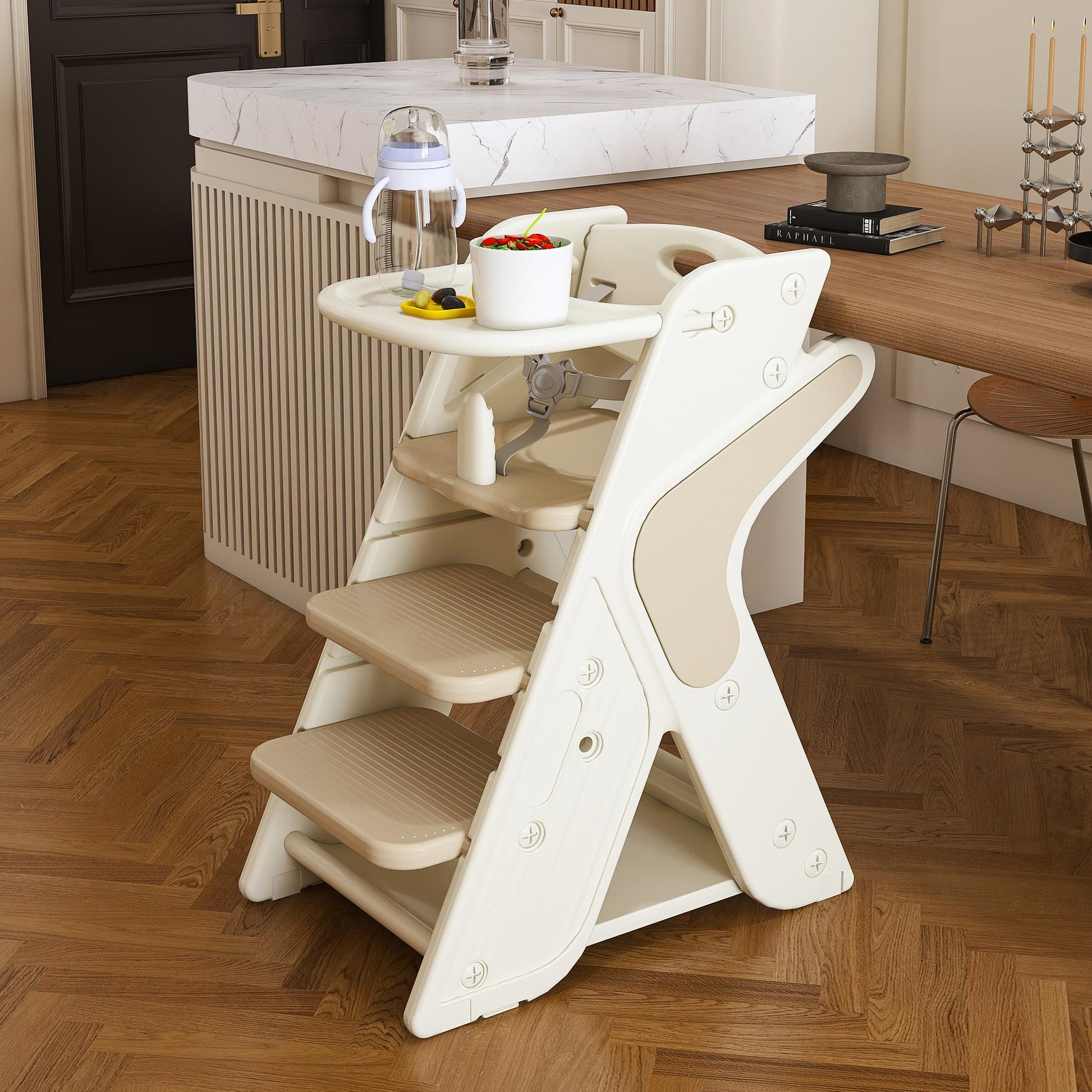 PORKISS Convertible High Chair for Babies and Toddlers, Feeding Chair with Movable Tray for Infant, Adjustable Height Dining Chair for Baby, White + Green