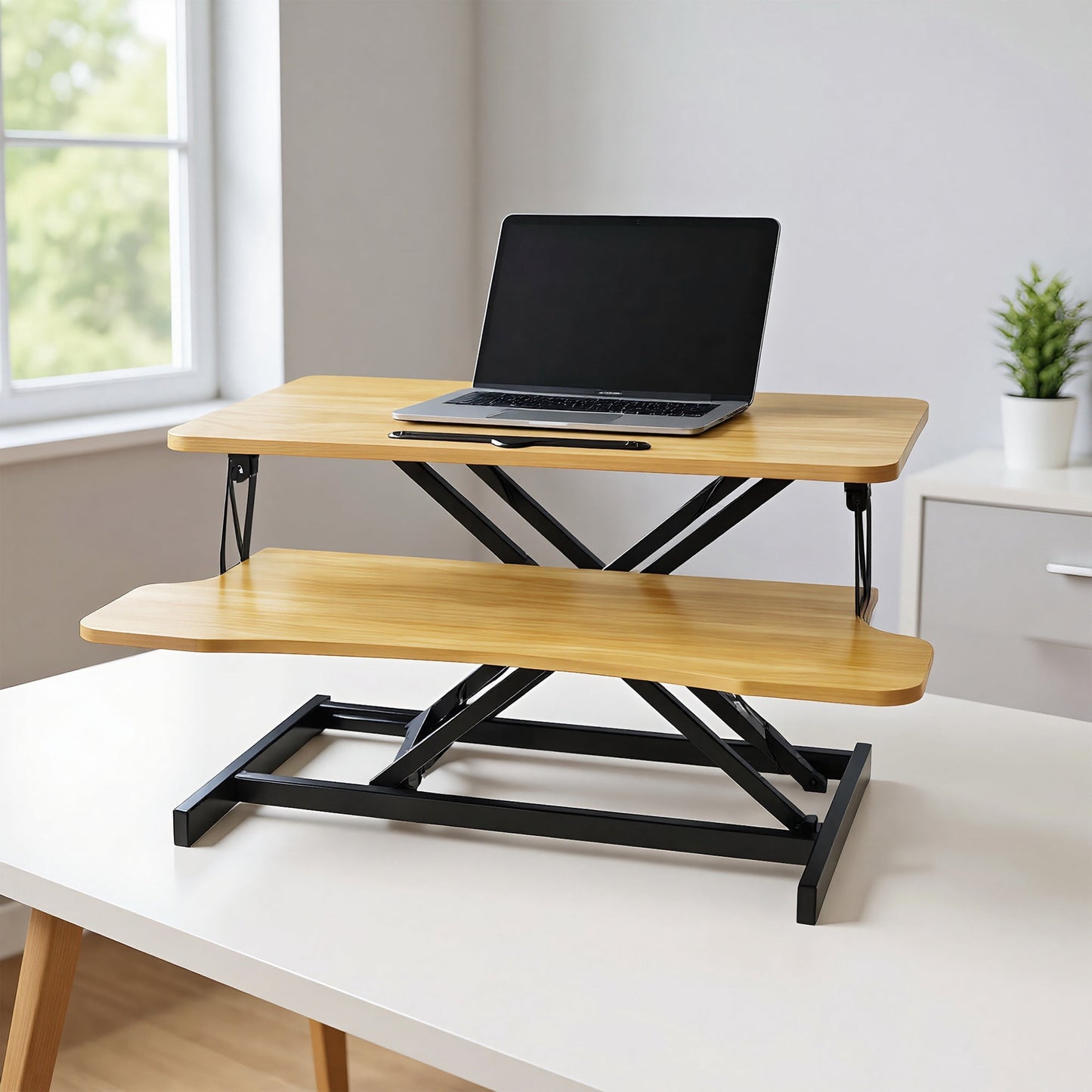 PORKISS Desk Converter, Height Adjustable Standing Desk Converter, Laptop Workstation with Keyboard Tray, Black+Natural