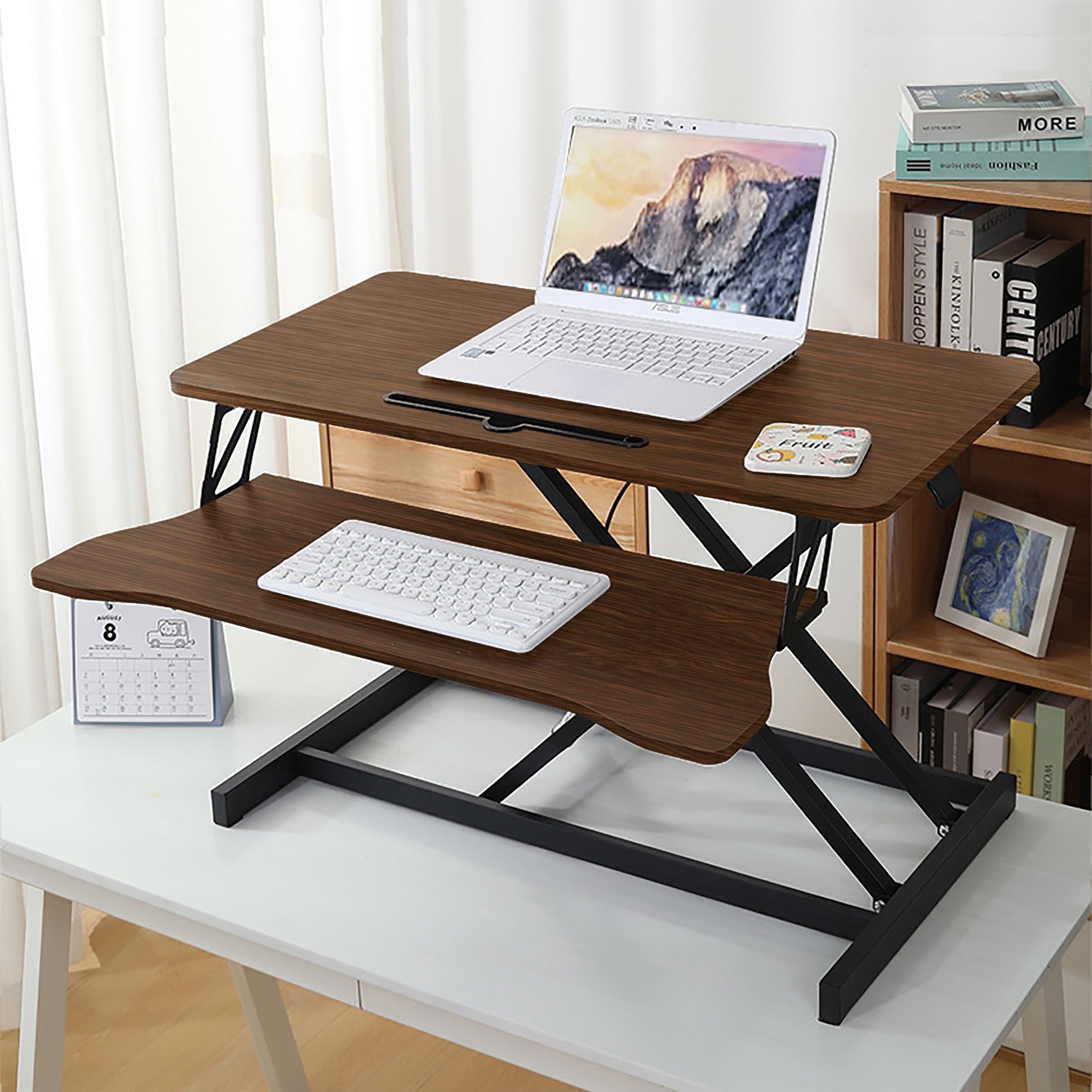 PORKISS Desk Converter, Height Adjustable Standing Desk Converter, Laptop Workstation with Keyboard Tray, Black+Walnut