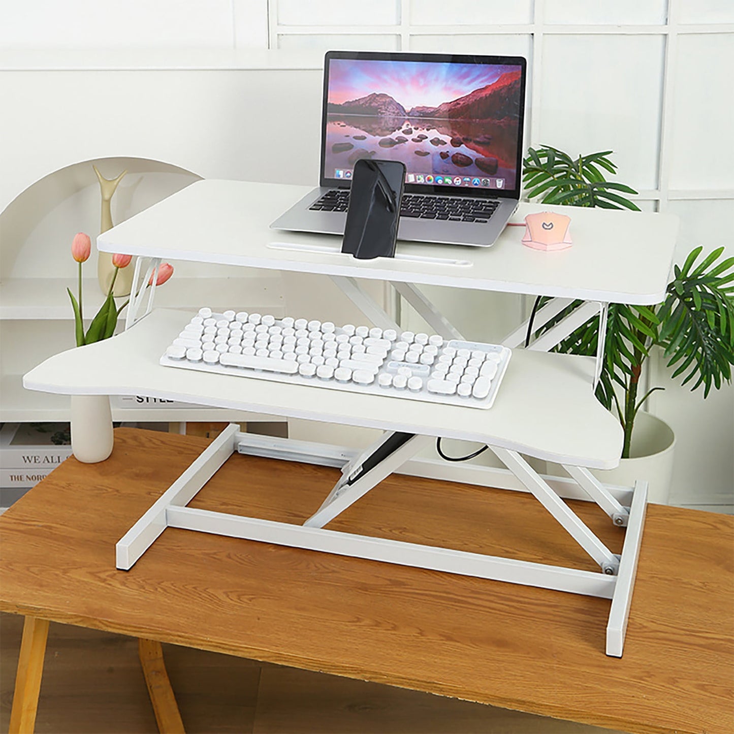 PORKISS Desk Converter, Height Adjustable Standing Desk Converter, Laptop Workstation with Keyboard Tray, White