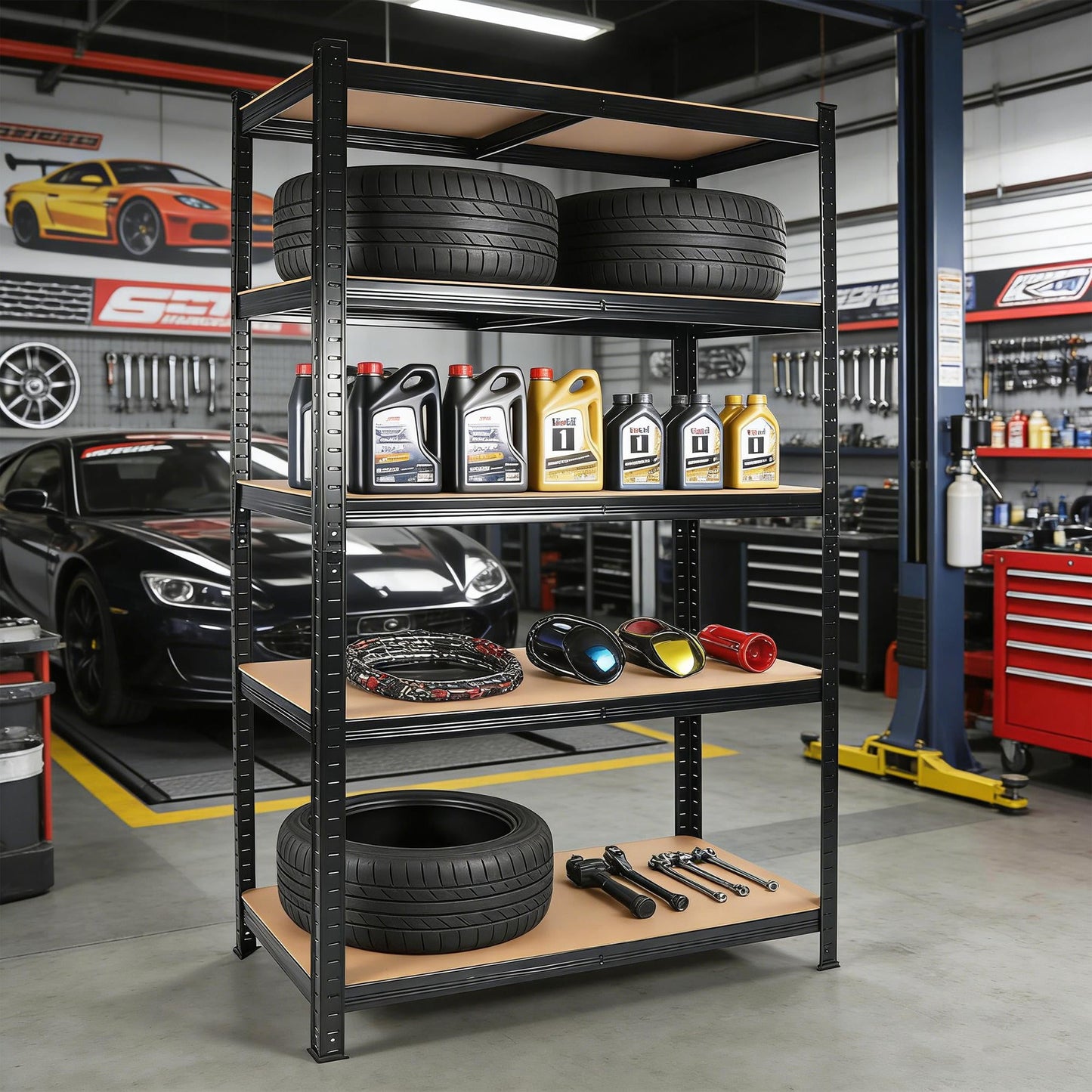PORKISS Heavy Duty Storage Shelves 5-Tier Adjustable Garage Shelves for Storage 2200LBS, Commercial Industrial Shelving Units for Garage Pantry Kitchen, Black