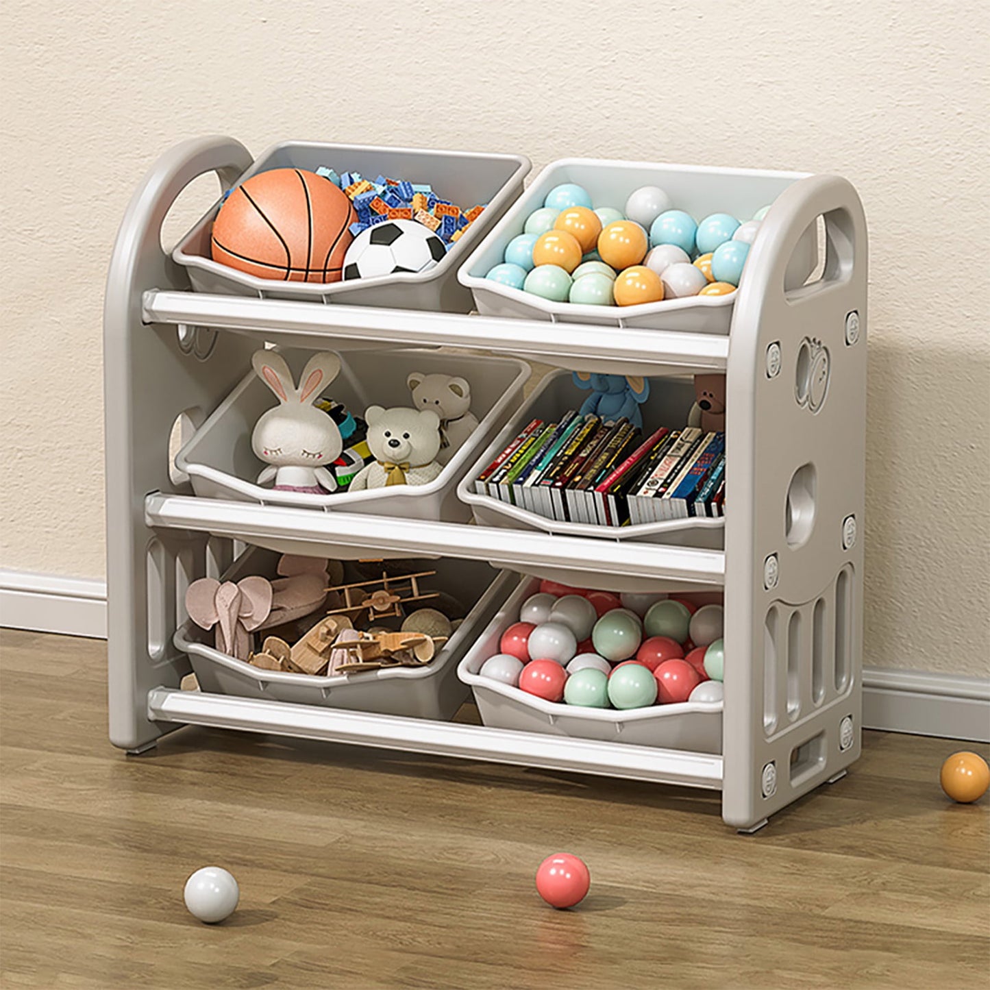 PORKISS Kids Toy Organization Bookcase with 6 Bins, Multi-functional Nursery Storage Organizer Bookshelf with HDPE Shelf for Children's Room Playroom, Grey