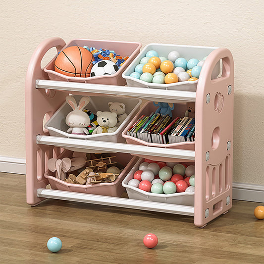 PORKISS Kids Toy Organization Bookcase with 6 Bins, Multi-functional Nursery Storage Organizer Bookshelf with HDPE Shelf for Children's Room Playroom, Pink