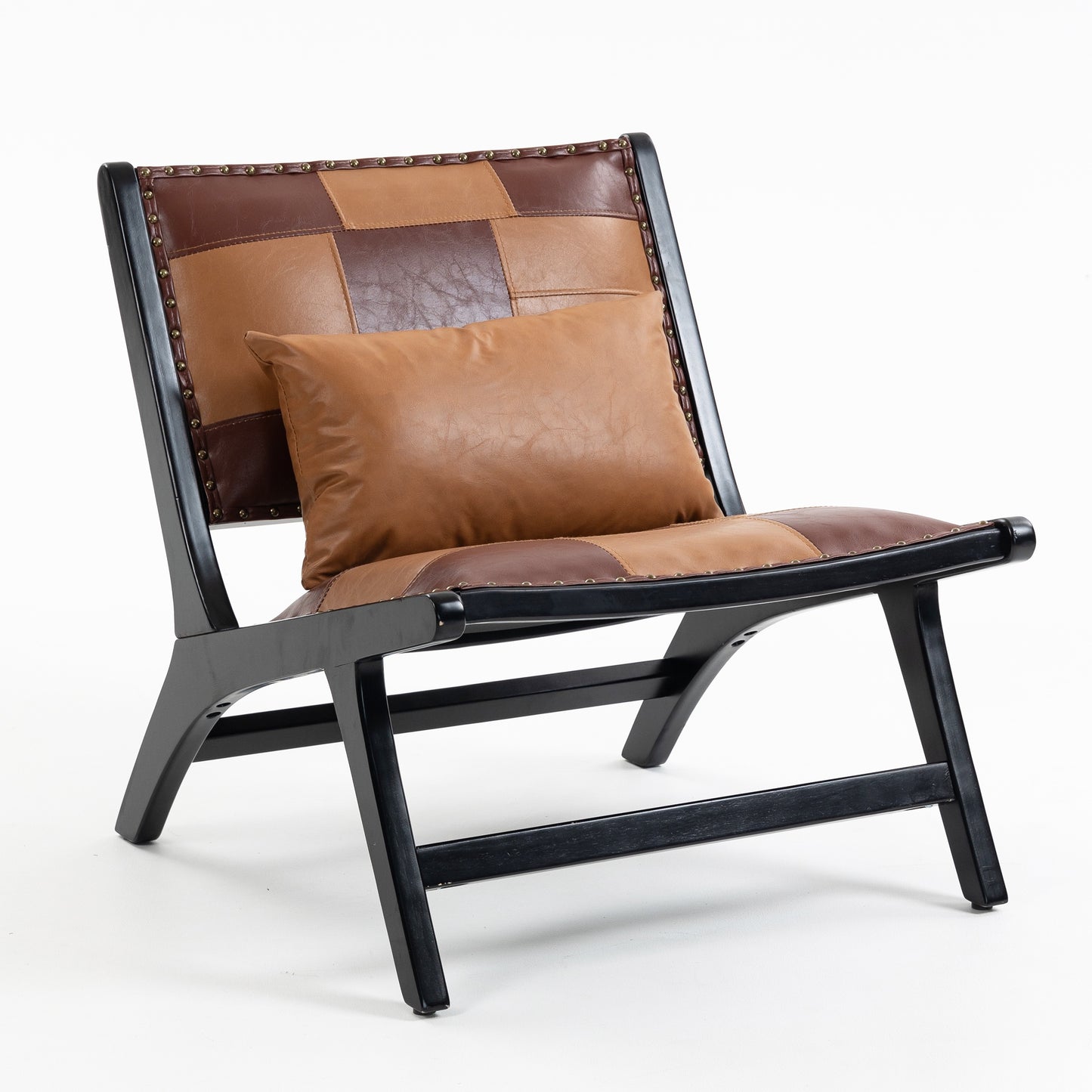 PORKISS Modern Accent Chair, Boho PU Leather Side Chair with Wood Frame and Pillow, Upholstered Armchair Comfort Reading Chair Lounge Chair for Living Room Bedroom Sunroom, Antique Brown