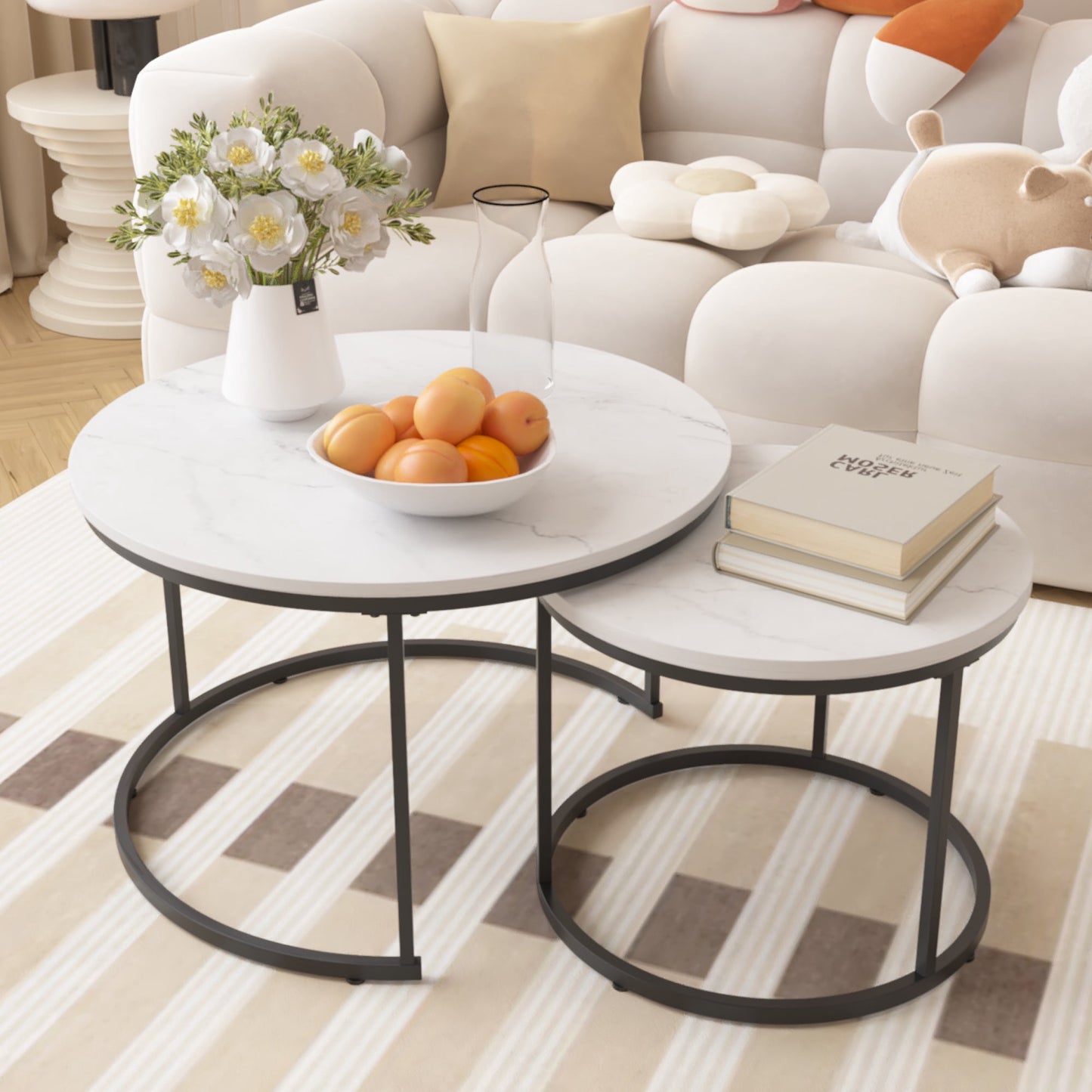 PORKISS Round Coffee Table Set of 2, 27.56" Nesting Center Tables for Living Room, 2-Piece Side Tables with Metal Frame for Living Room Home Office, White