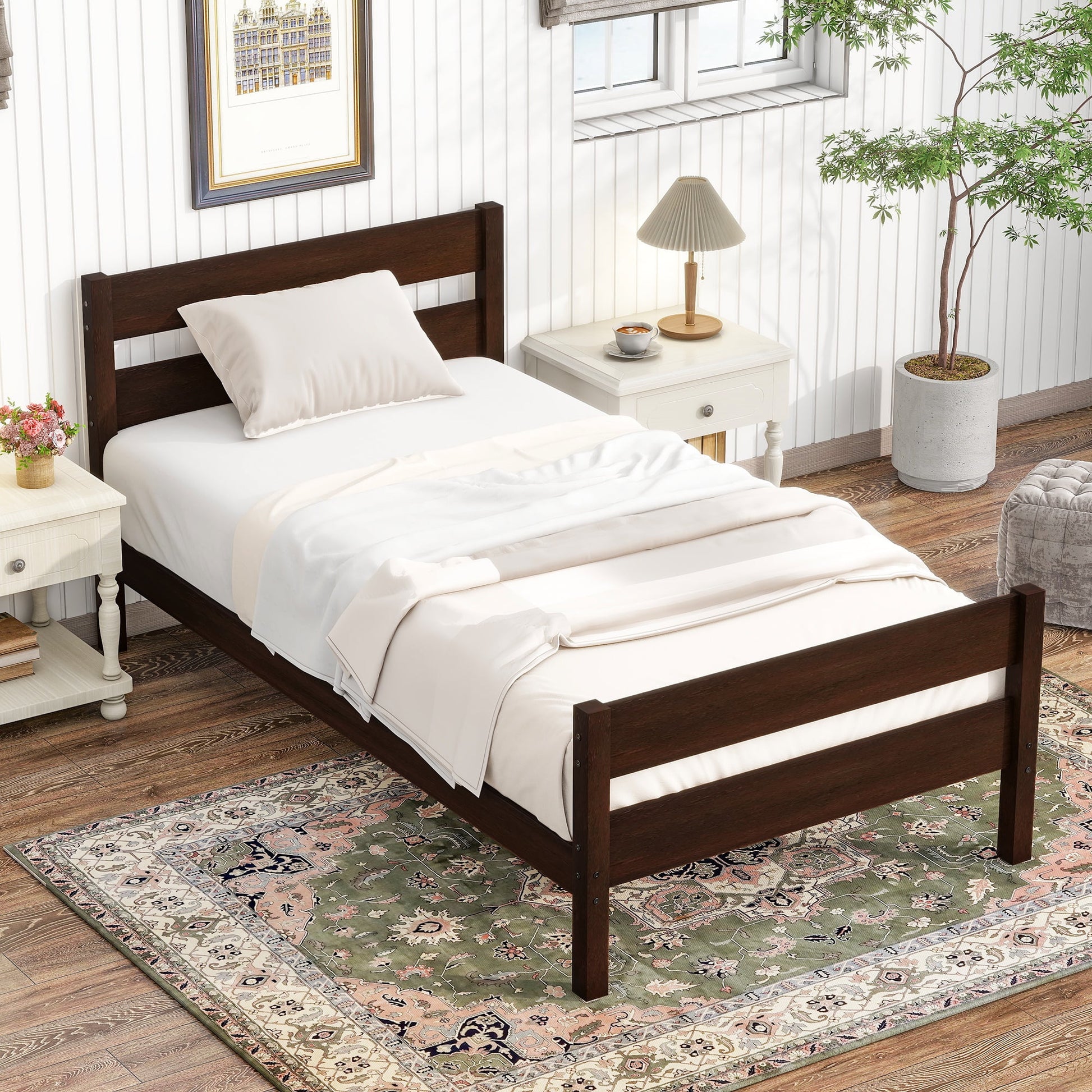 PORKISS Cama TamaÃ±o Twin para NiÃ±os, Estructura de Madera con Cabecera/piecera para Adolescentes, NiÃ±os y NiÃ±as, No Se Necesita Box Spring, Blanco #2