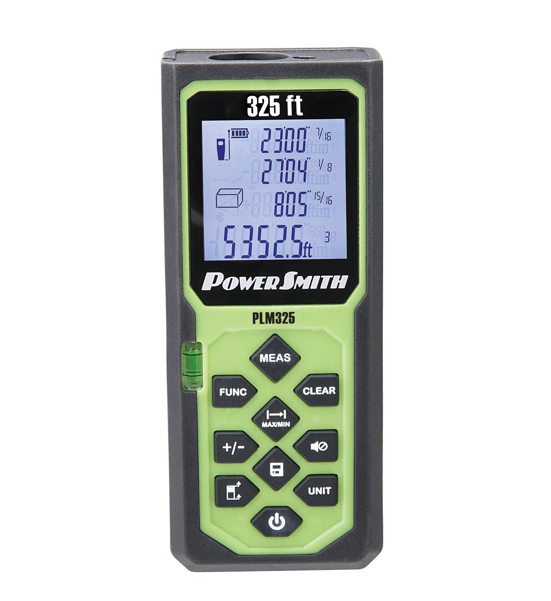 POWERSMITH PLM325 325' Weatherproof Back-Lit Digital Laser Distance Measure with Four Measuring Units, Fractional Display, Auto Shut-Off, Rubberized Grip Batteries, and Belt Holster