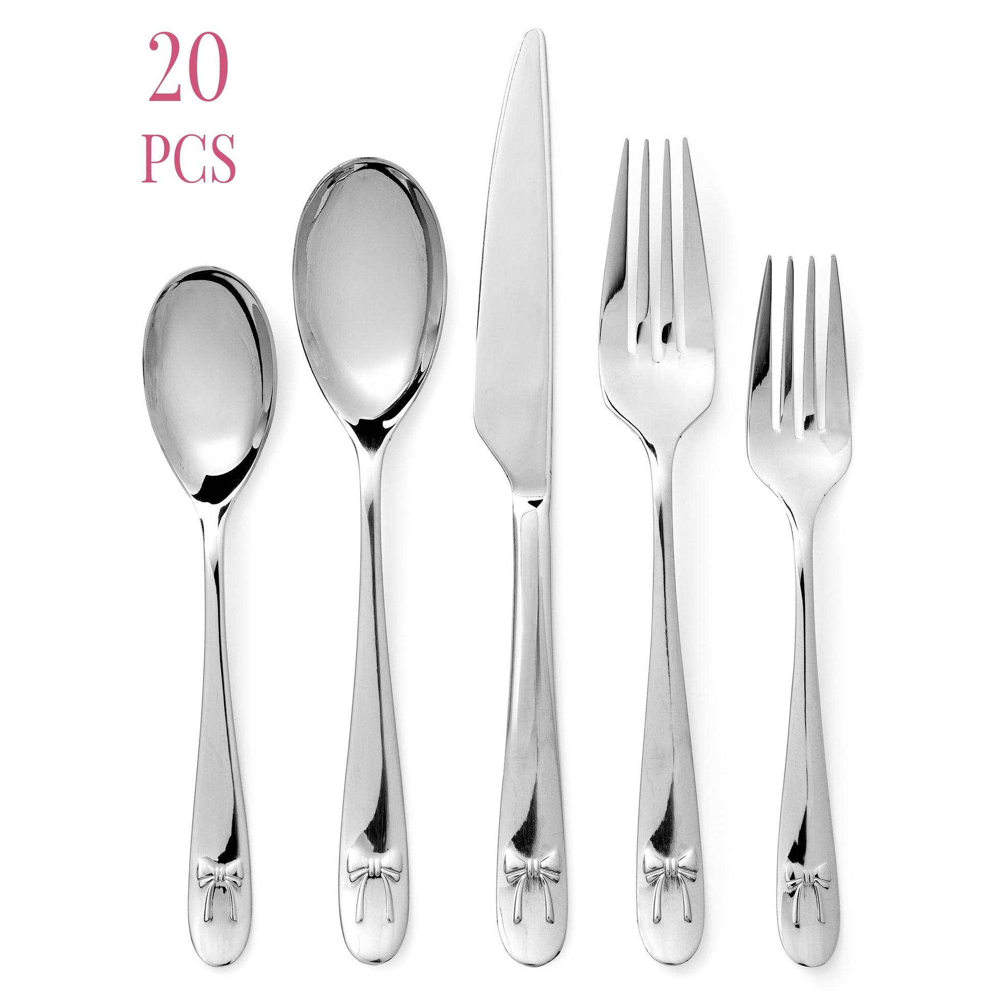 Paris Hilton 20-Piece Stainless Steel Flatware Set, Service for 4, Dinner Forks, Salad Forks, Dinner Knives, Teaspoons & Dinner Spoons, Silver with Bow Detail