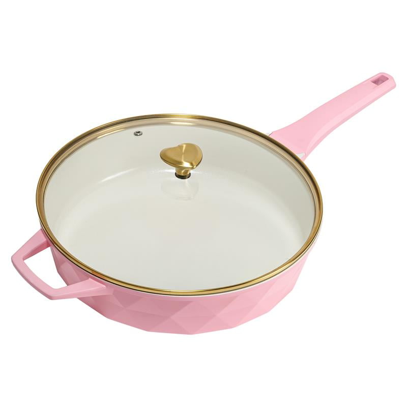 Paris Hilton 4 Quart Ceramic Nonstick Jumbo Cooking Pan Skillet for Sauteing & Frying with Heart Shaped Lid Knobs, Pink