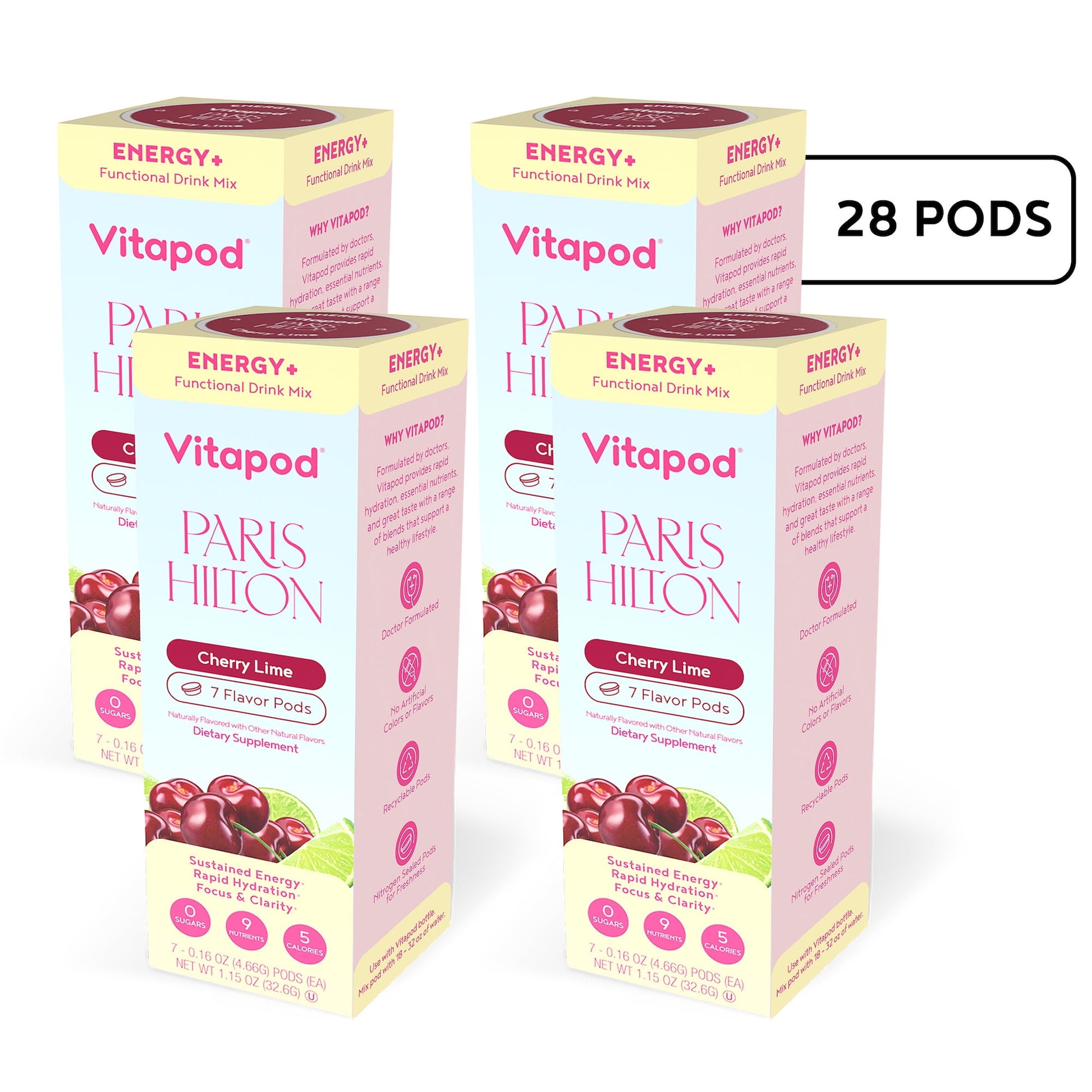 Paris Hilton x Vitapod Energy+ Cherry Lime Functional Drink Mix, 28 Pods, Sugar-Free, 5 Calories, 200mg Natural Caffeine, Boosts Energy, Metabolism & Mood