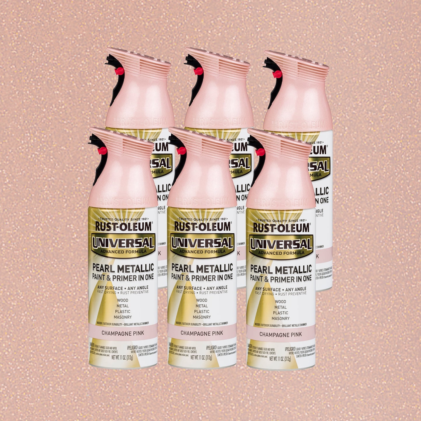 6 Pack, Pearl Champagne Pink, Rust-Oleum Universal All Surface Interior/Exterior Metallic Spray Paint-301537, 11 oz