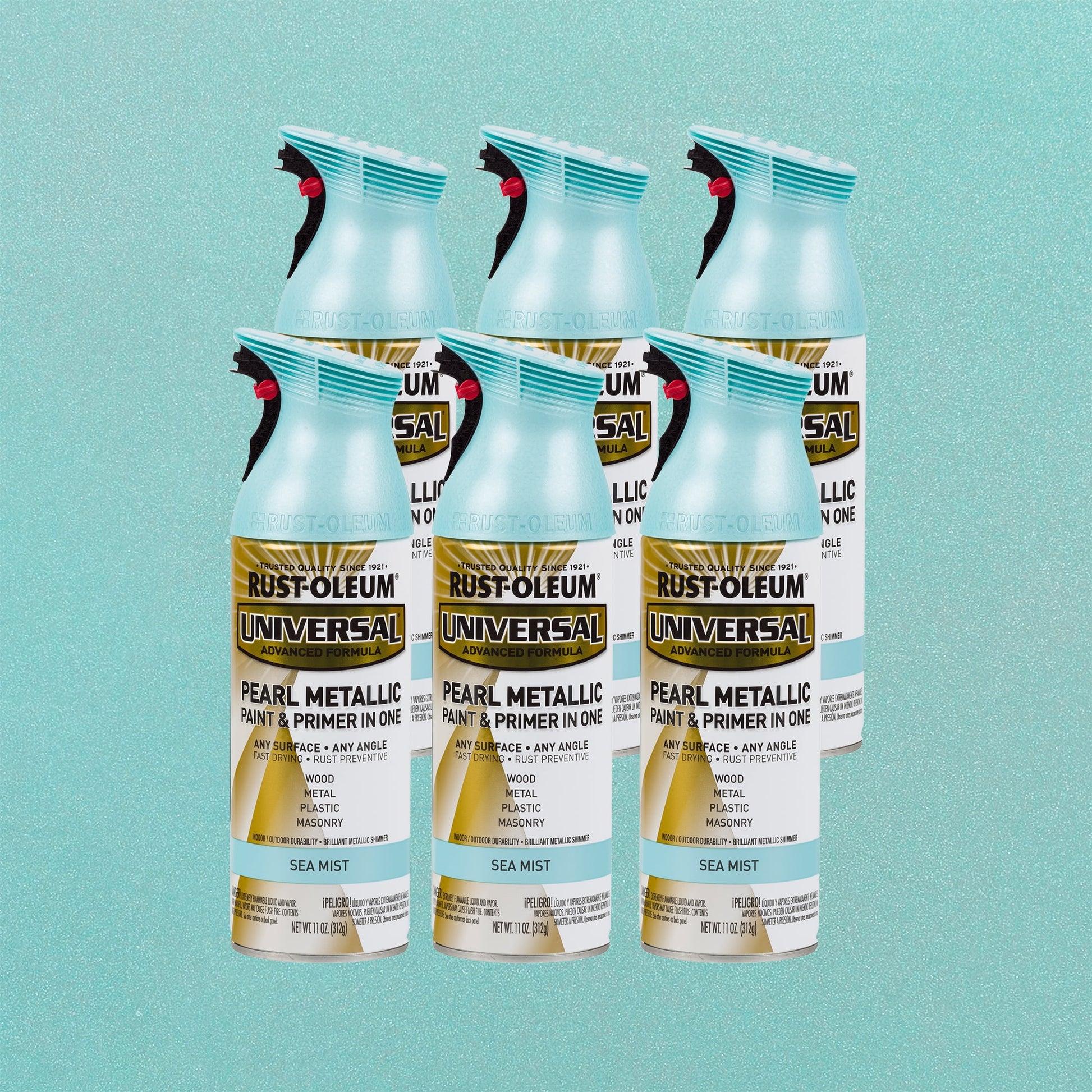 6 Pack, Pearl Sea Mist, Rust-Oleum Universal All Surface Interior/Exterior Metallic Spray Paint-301551, 11 oz