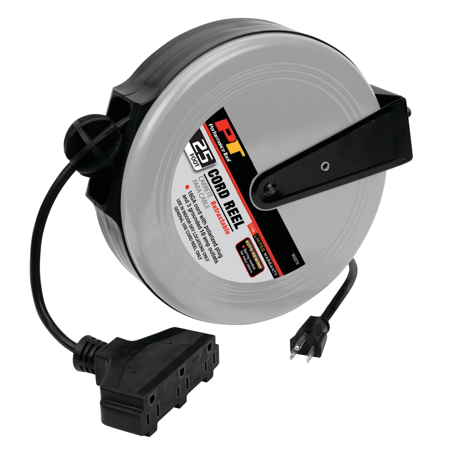 Performance Tool W2272 Retractable Cord Reel for Outlet Extension in Workshops and Home, Black/Gray, 25 feet
