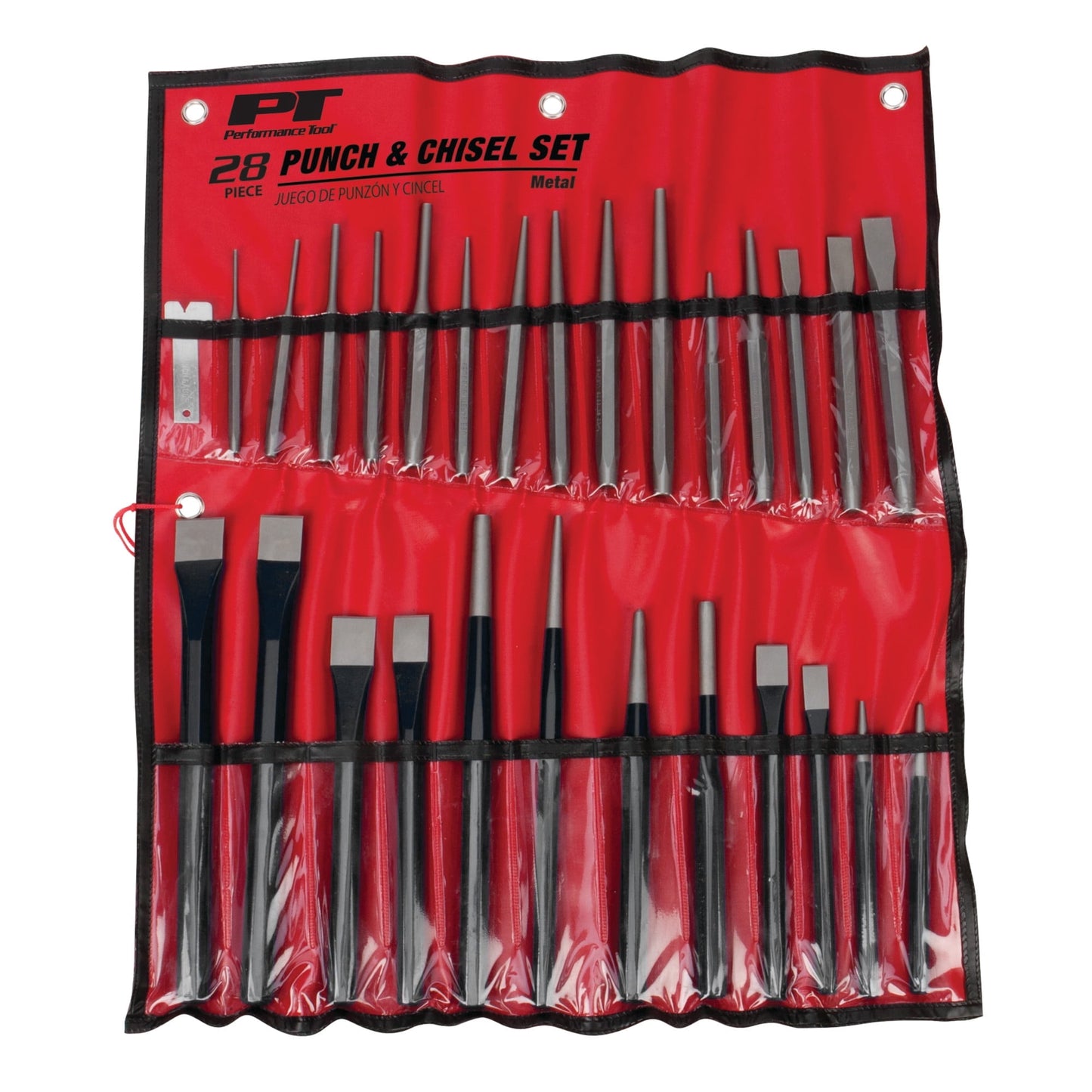 Performance Tool W754 Juego de 28 Piezas de Perforador y Cincel - Acero Cromado Vanadio Resistente, Acero Al Carbono Tratado con Calor y Templado, con Bolsa de Almacenamiento Enrollable