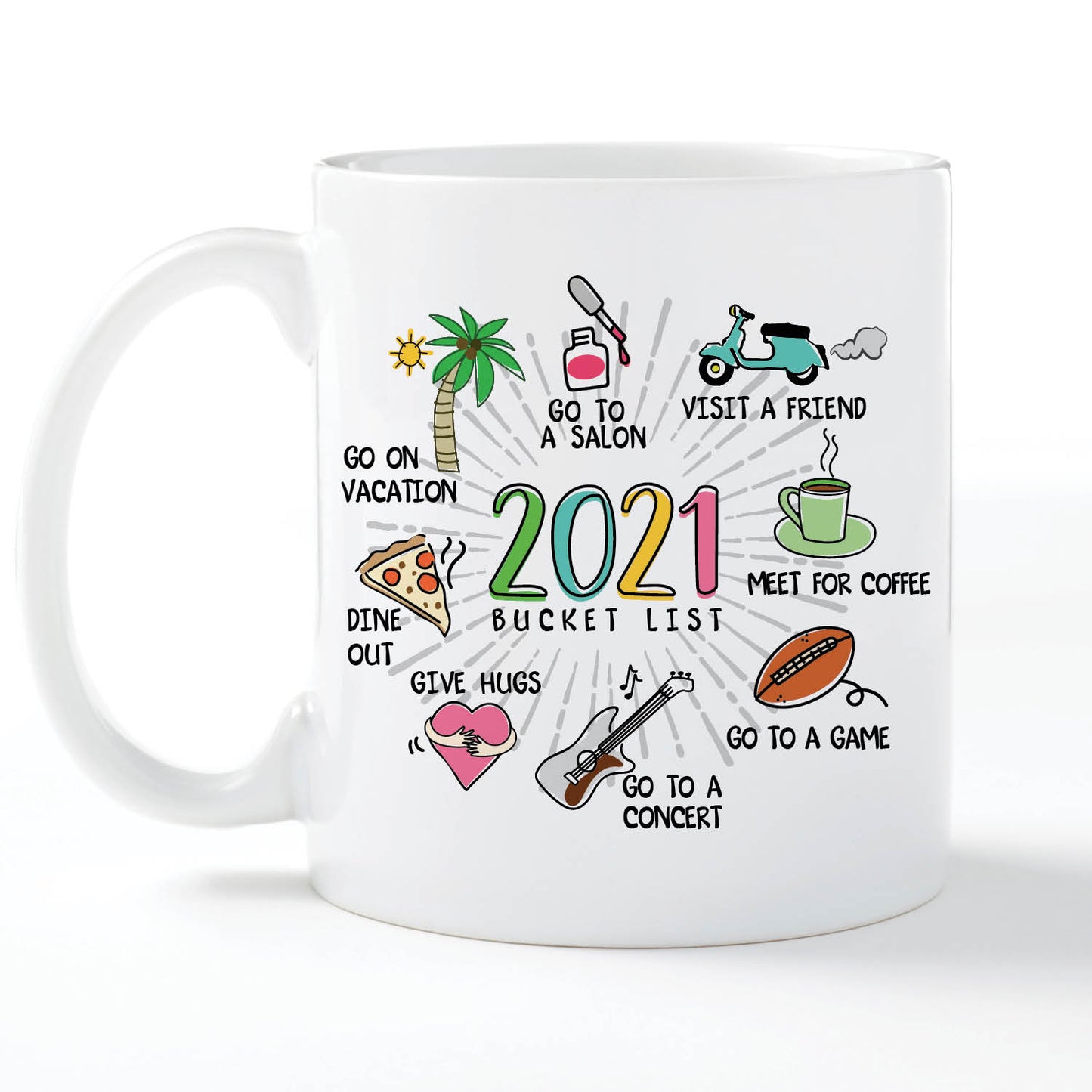 Personalized Planet 11oz 2021 Bucket List Coffee Mug with COVID Humor on White Ceramic Cup