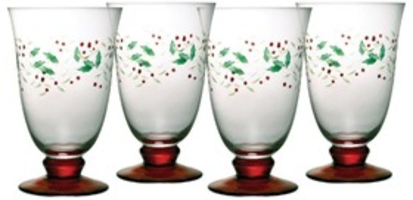 Pfaltzgraff Winterberry 14 oz Glass Water Goblets Clear with Green & Red Accents