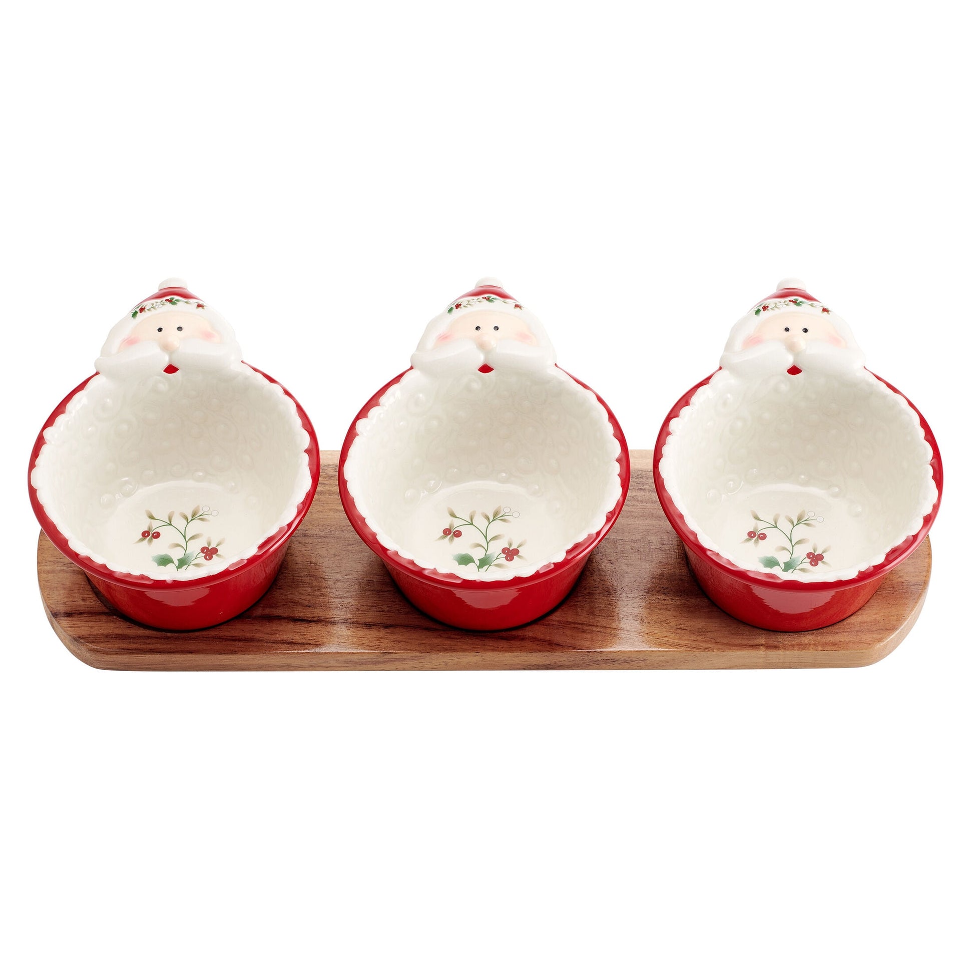 Pfaltzgraff Winterberry 3 Santa Dip Bowls with Wood Base