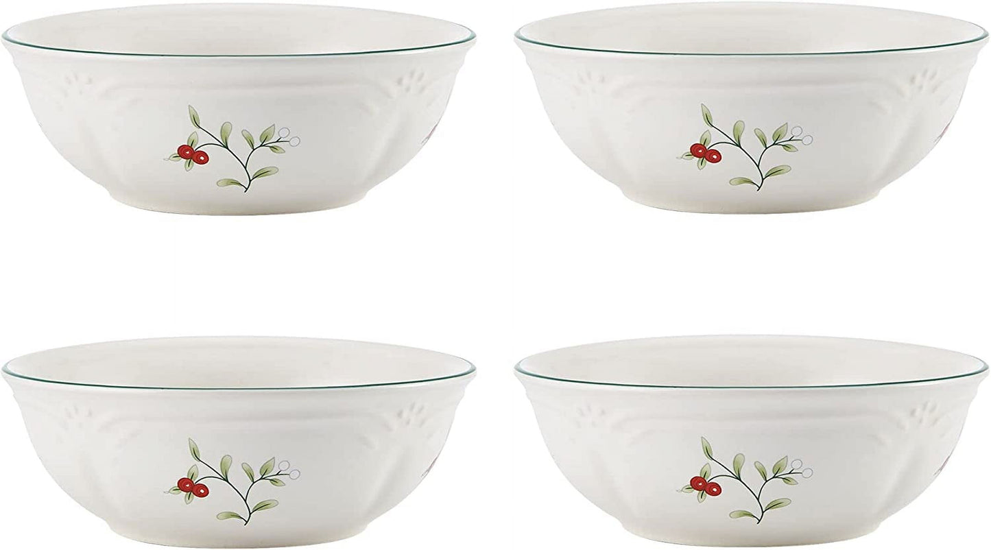 Pfaltzgraff Winterberry 5.8 in Soup Cereal Bowl Set of 4, White with Green and Red Accents