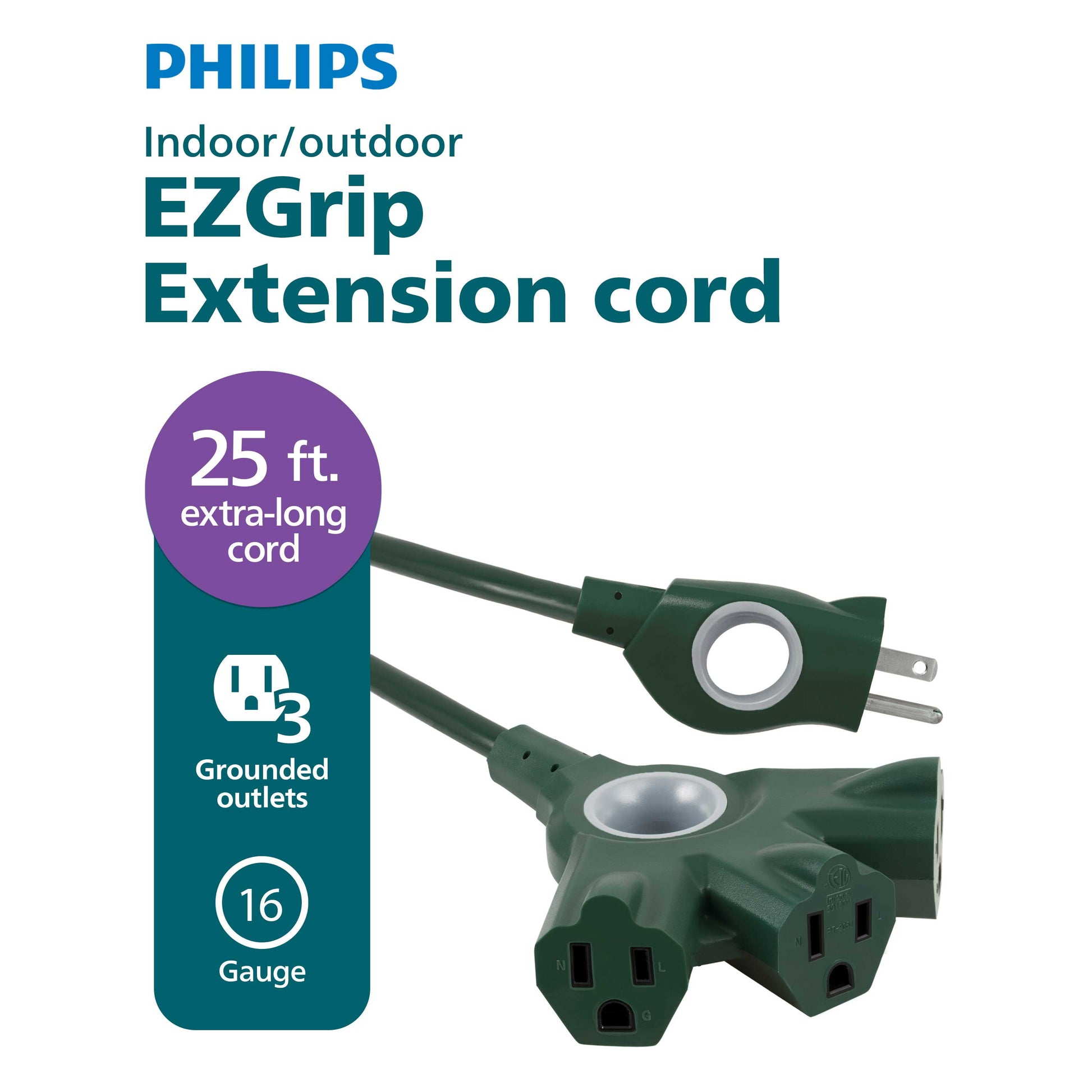 Philips EZGrip 25FT Green Outdoor Extension Cord 3 Prong with Multiple Outlets, 16AWG