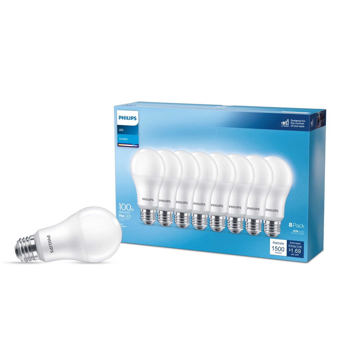 Philips LED 100-Watt Equivalent A19 General Purpose Household Light Bulb, Frosted Daylight, Non-Dimmable, E26 Medium Base (8-Pack)