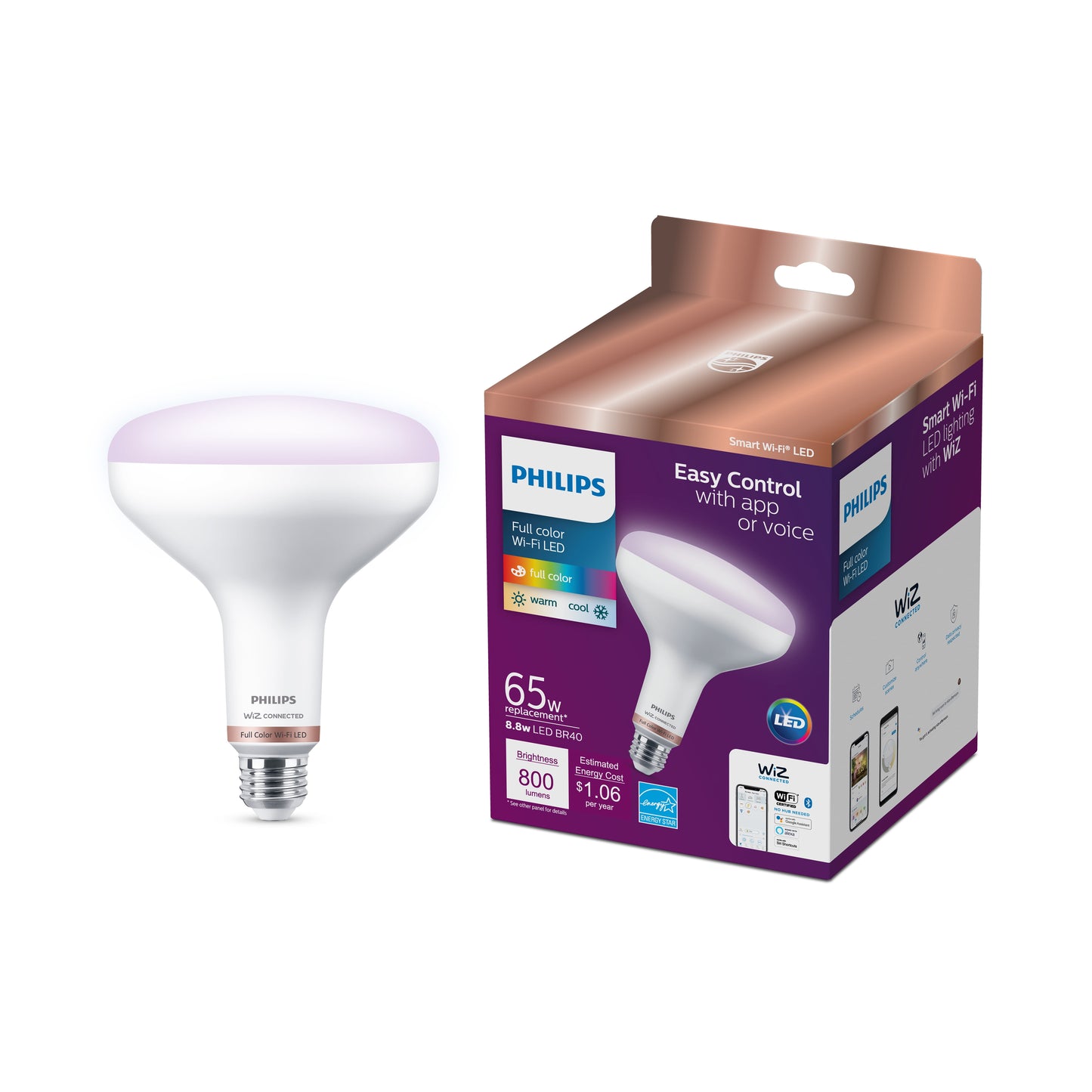Philips Smart Wi-Fi Connected LED 65-Watt BR40 Flood Light Bulb, Frosted Color, Dimmable, 110Âº Beam Angle, E26 Medium Base (1-Pack)