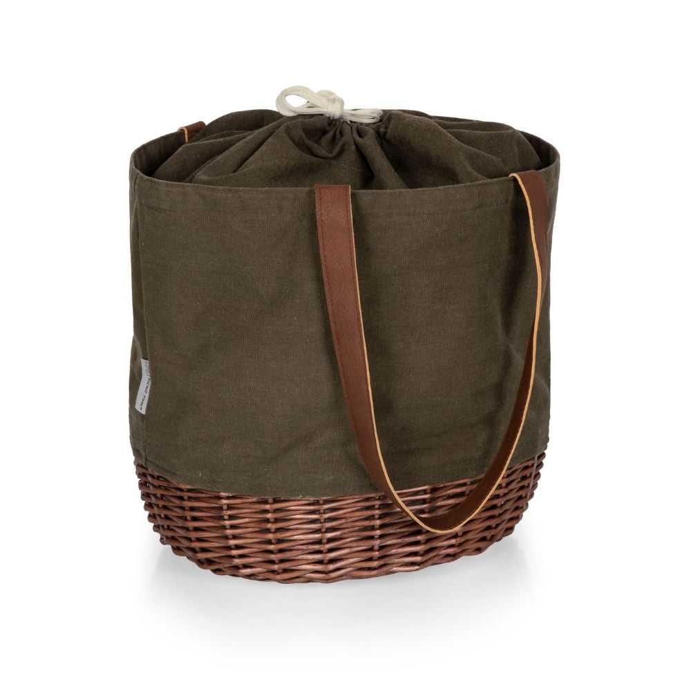 Picnic Time Coronado Canvas and Willow Basket Tote with Drawstring Closure and Wicker Base, Khaki Green with Beige Accents