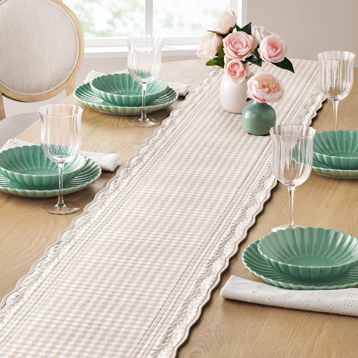The Pioneer Woman Quilted Mini Gingham Woven Table Runner, Beige, 14"x90"