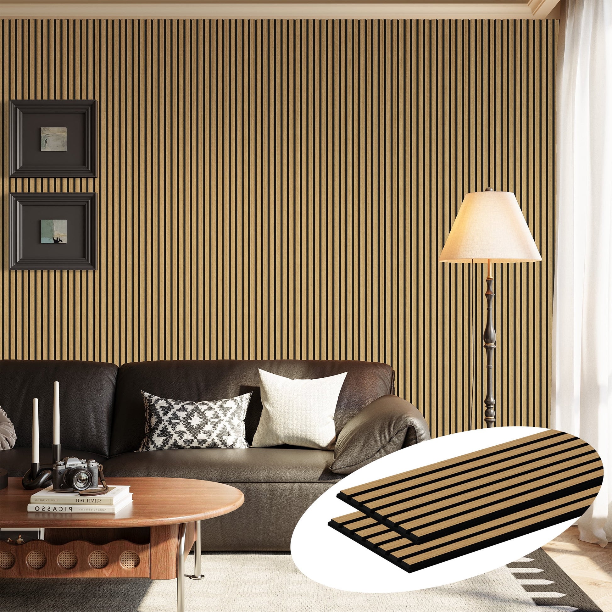 Plank & Hue 2Pcs 106"x12.6" Wood Slat Acoustic Wall Panels, 3D Fluted Soundproof Decorative Panels for Interior Walls, American Oak