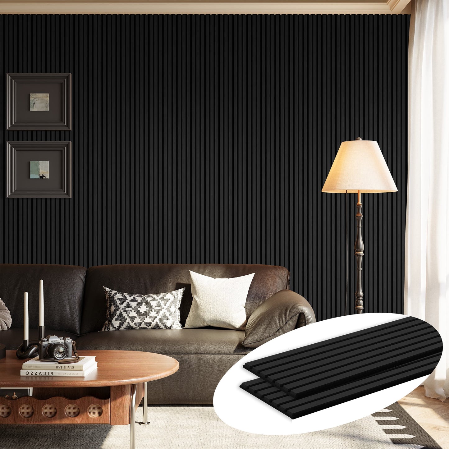 Plank & Hue 2Pcs 106"x12.6" Wood Slat Acoustic Wall Panels, 3D Fluted Soundproof Decorative Panels for Interior Walls, Black Oak
