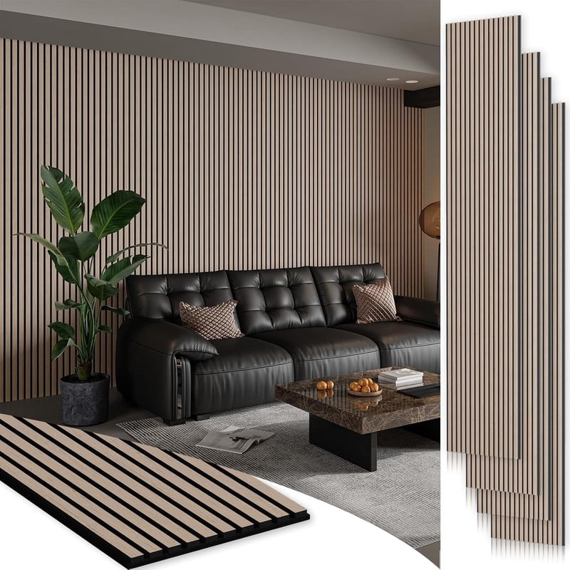 Plank & Hue 4Pcs 106"x12.6" Soundproof Wood Slat Panels Acoustic Wall and Ceiling Panels, Walnut