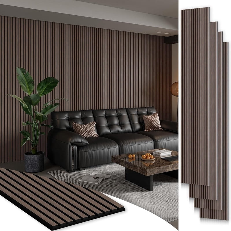 Plank & Hue 4Pcs 94.5"x12.6" Wood Soundproof Wall Panels Wood Slat Acoustic Panels, Dark Walnut