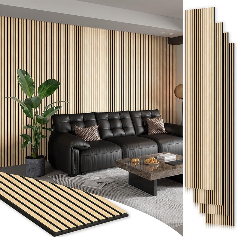 Plank & Hue 4Pcs 94.5"x12.6" Wood Soundproof Wall Panels Wood Slat Acoustic Panels, White Oak