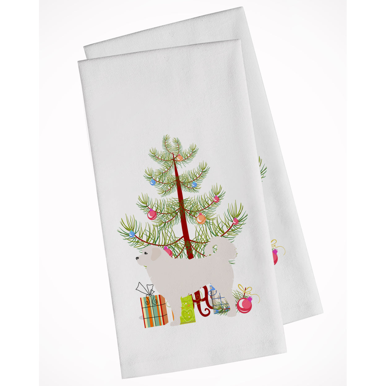 Polish Tatra Sheepdog Merry Christmas Tree White Kitchen Towel Set of 2