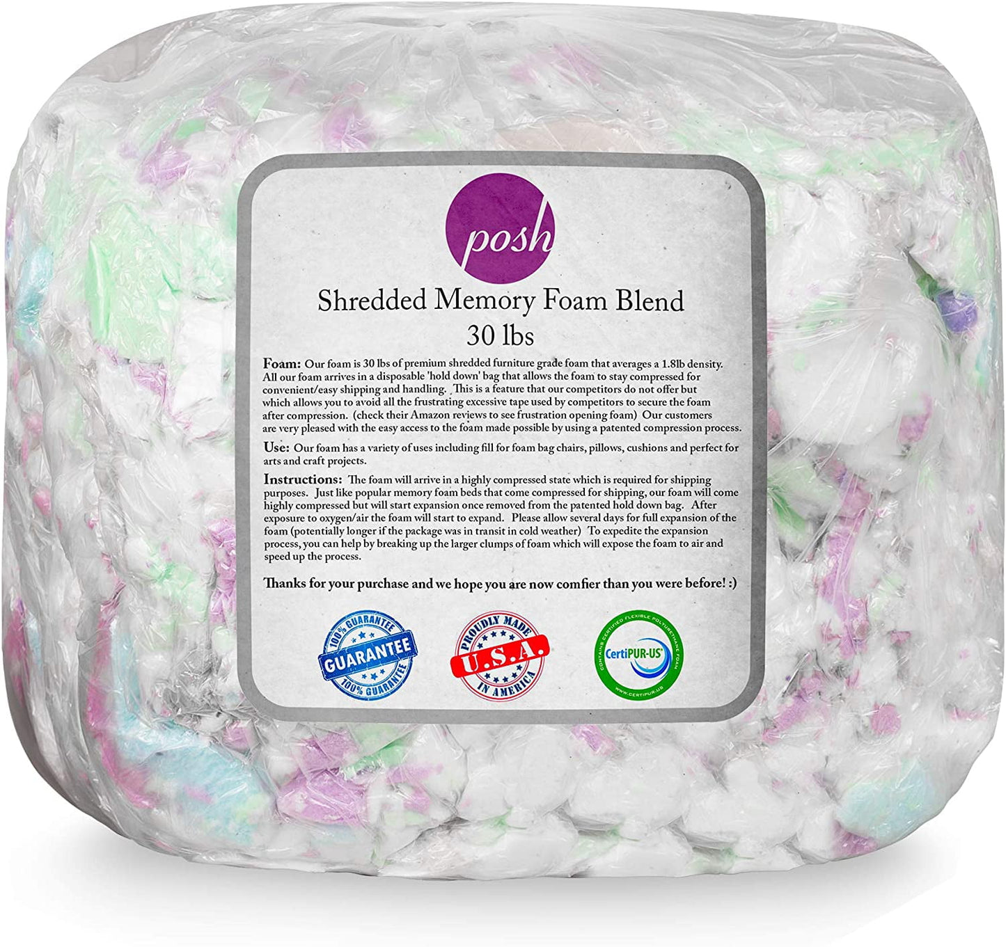 Posh Creations Refill Foam Filling, Bean Bag Refill, Kids, Adults, 20 lbs, Multi-Color