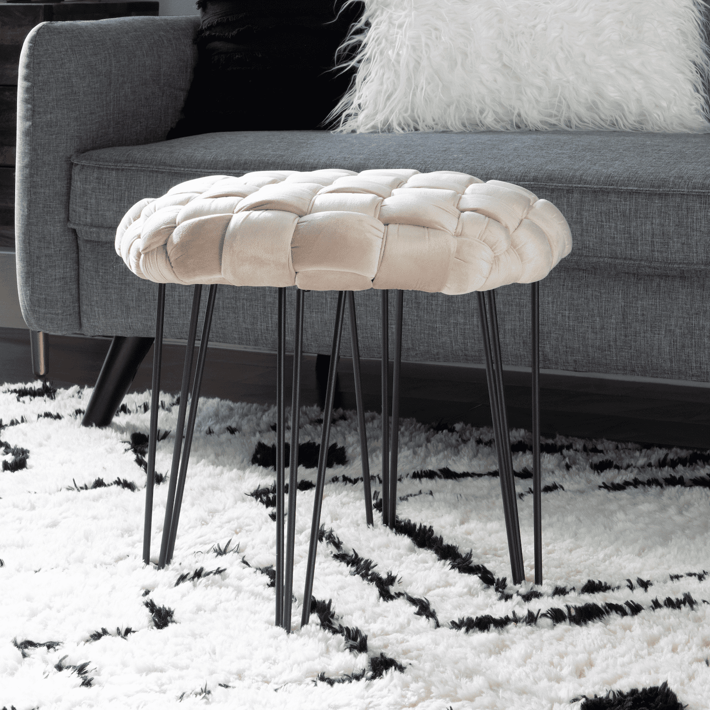 Powell Anya Round Handwoven Velvet Ottoman with Hairpin Legs, Cream