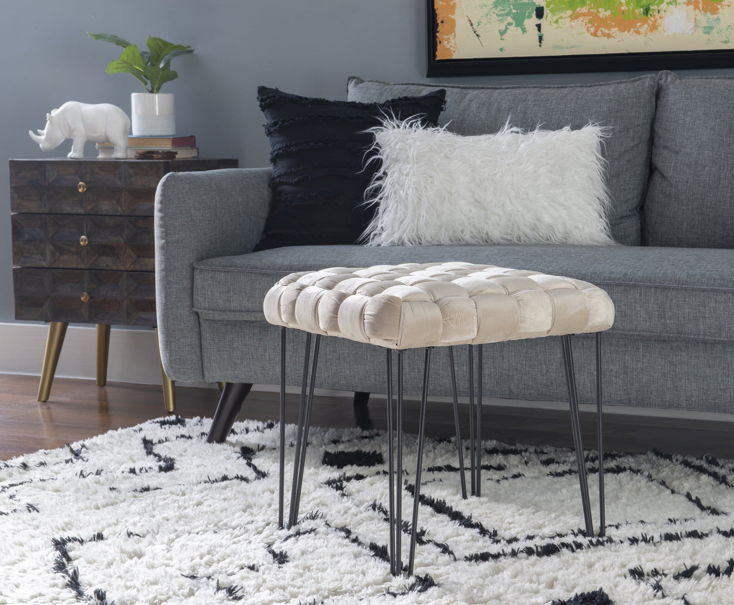 Powell Anya Square Handwoven Velvet Ottoman with Hairpin Legs, Cream
