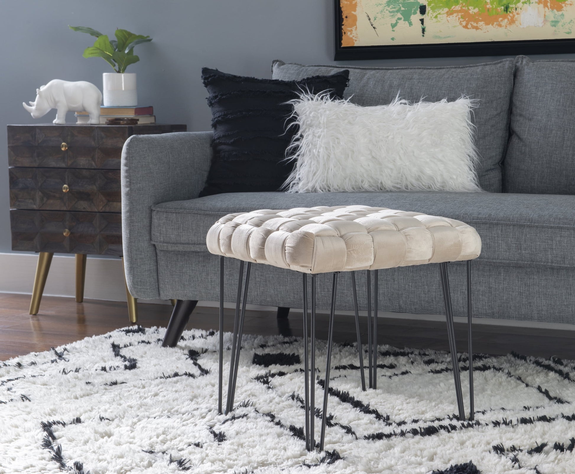 Powell Anya Square Handwoven Velvet Ottoman with Hairpin Legs, Cream