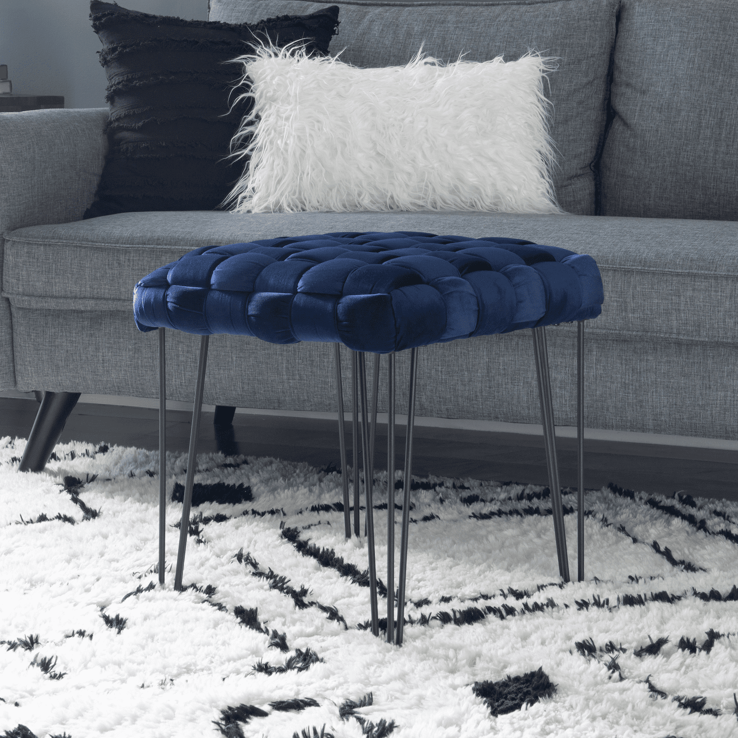 Powell Anya Square Handwoven Velvet Ottoman with Hairpin Legs, Navy