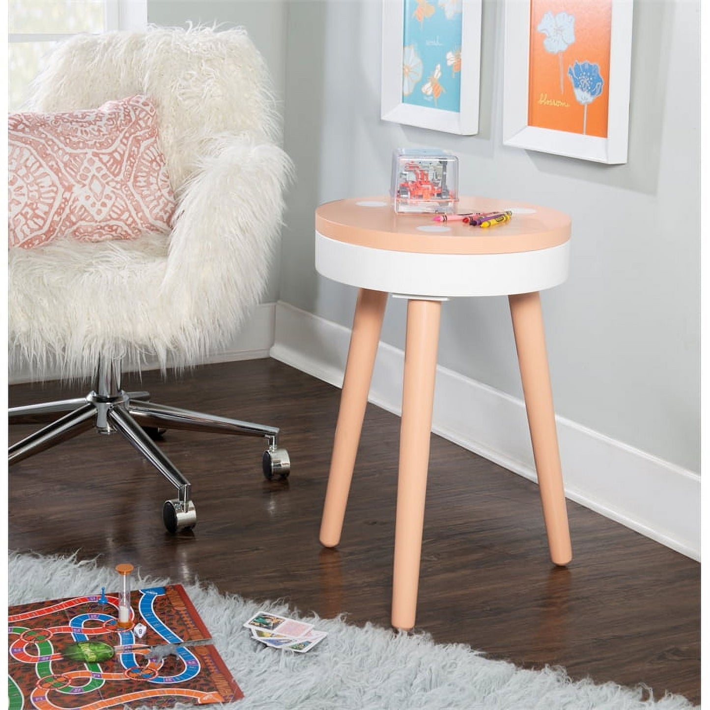 Powell Sherbert Kids Indoor Modern Wood Round End Table, White/Orange